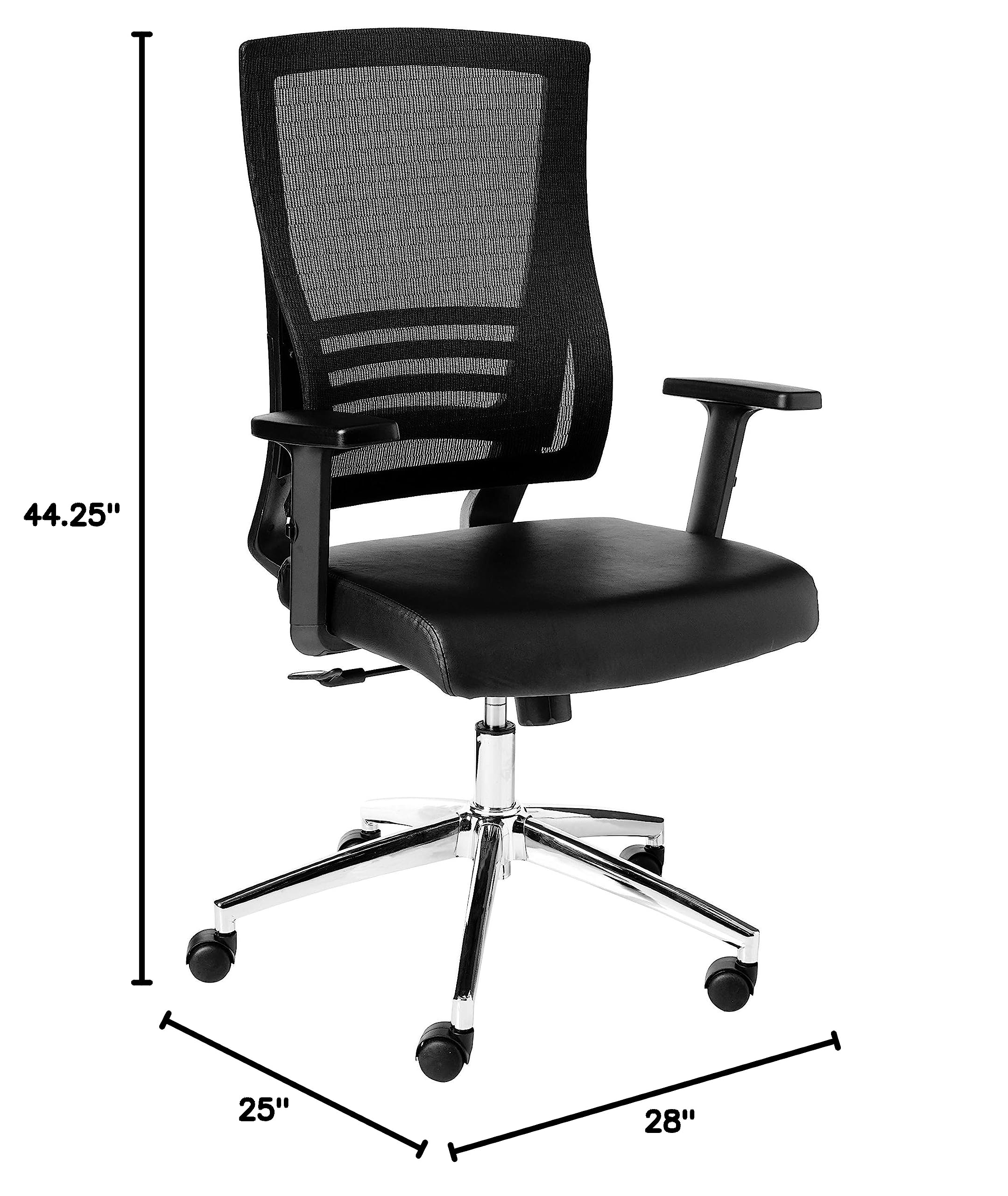 Office Star Ergonomic Mesh Back Office Chair with 2-to-1 Synchro Tilt Control, Adjustable Padded Arms & Chrome Frame - Black Bonded Leather for Home Office & Workspace Comfort