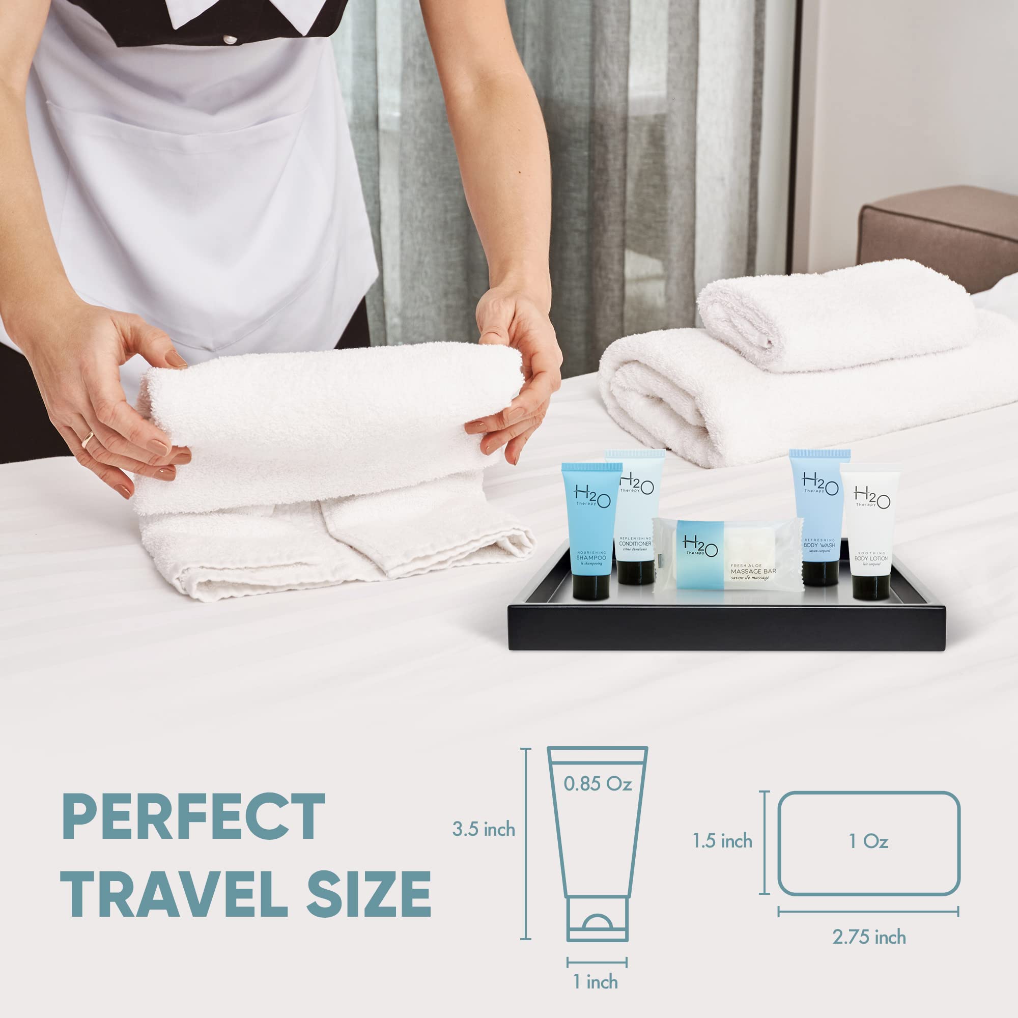 H2O Therapy Hotel Soaps & Toiletries Bulk Set - 300 Pieces Travel Size Amenities Kit with 0.85oz Shampoo, Conditioner, Body Wash, Lotion & 1oz Bar Soap | Perfect for Hotels, Spas, Travelers & Hospitality Businesses