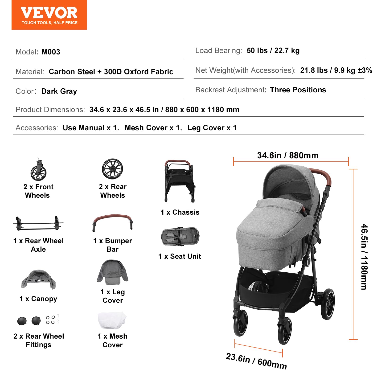 VEVOR 3-in-1 Baby Stroller with Bassinet | Adjustable Reversible Seat & Foldable Design | Carbon Steel Frame with Leg Cover & Mesh Net | Perfect for Newborns to Toddlers | Ideal for Shopping, Travel & Daily Walks (Dark Grey)