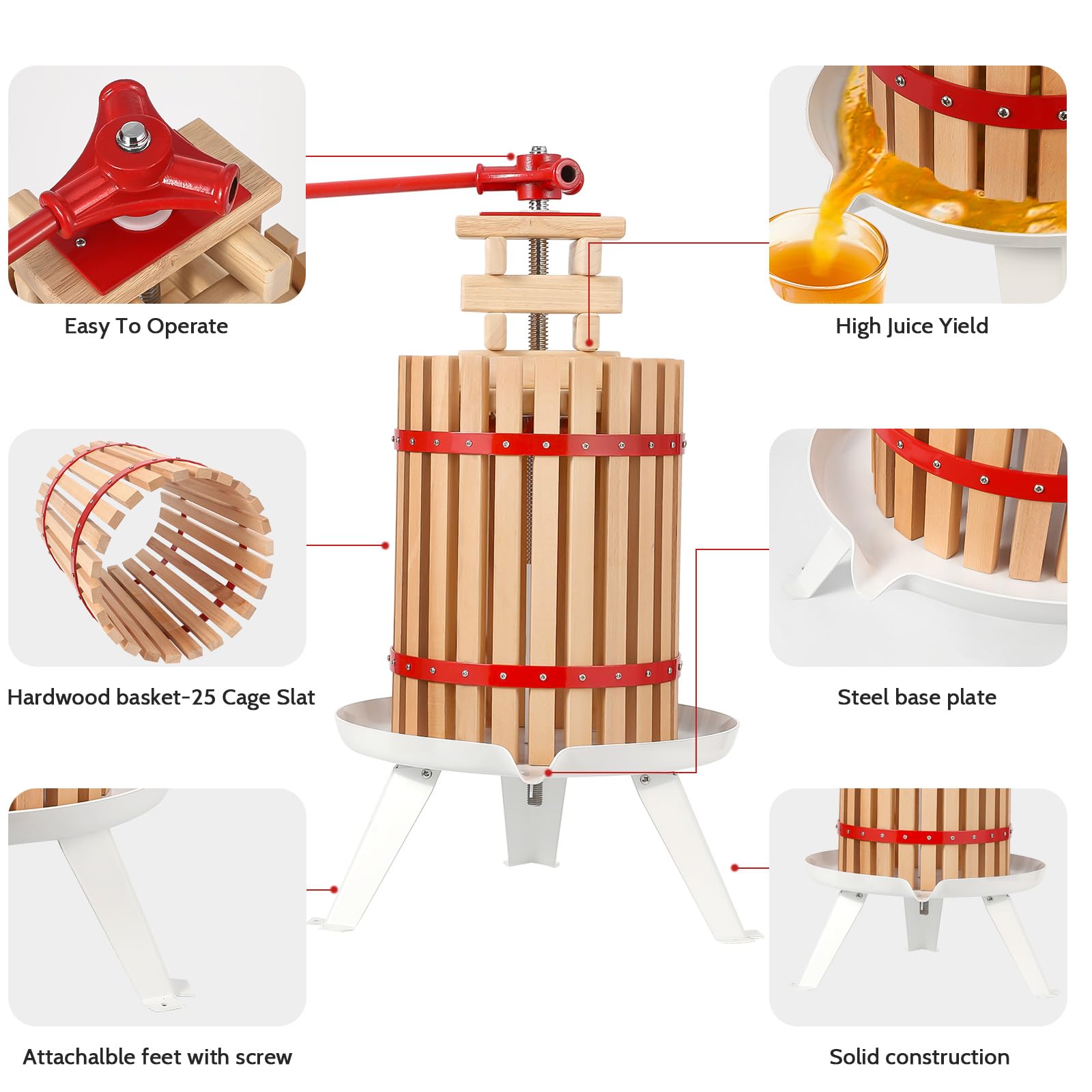 4.75 Gallon Manual Fruit Wine Press - Wood & Steel Construction with T-Handle | Stable Triangular Structure for Easy Wine Making | Perfect for Home Brewing, Outdoor Use & Kitchen | DIY Assembly Required | Great for Apples, Grapes & Berries