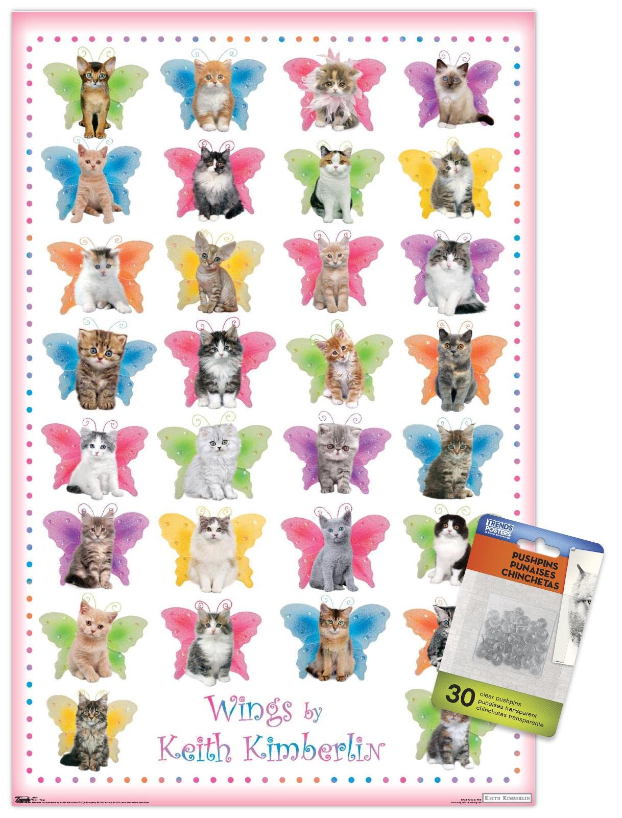 Keith Kimberlin - Kittens with Butterfly Wings Wall Art Poster with Push Pins | Cute Animal Decor for Bedroom, Nursery & Office