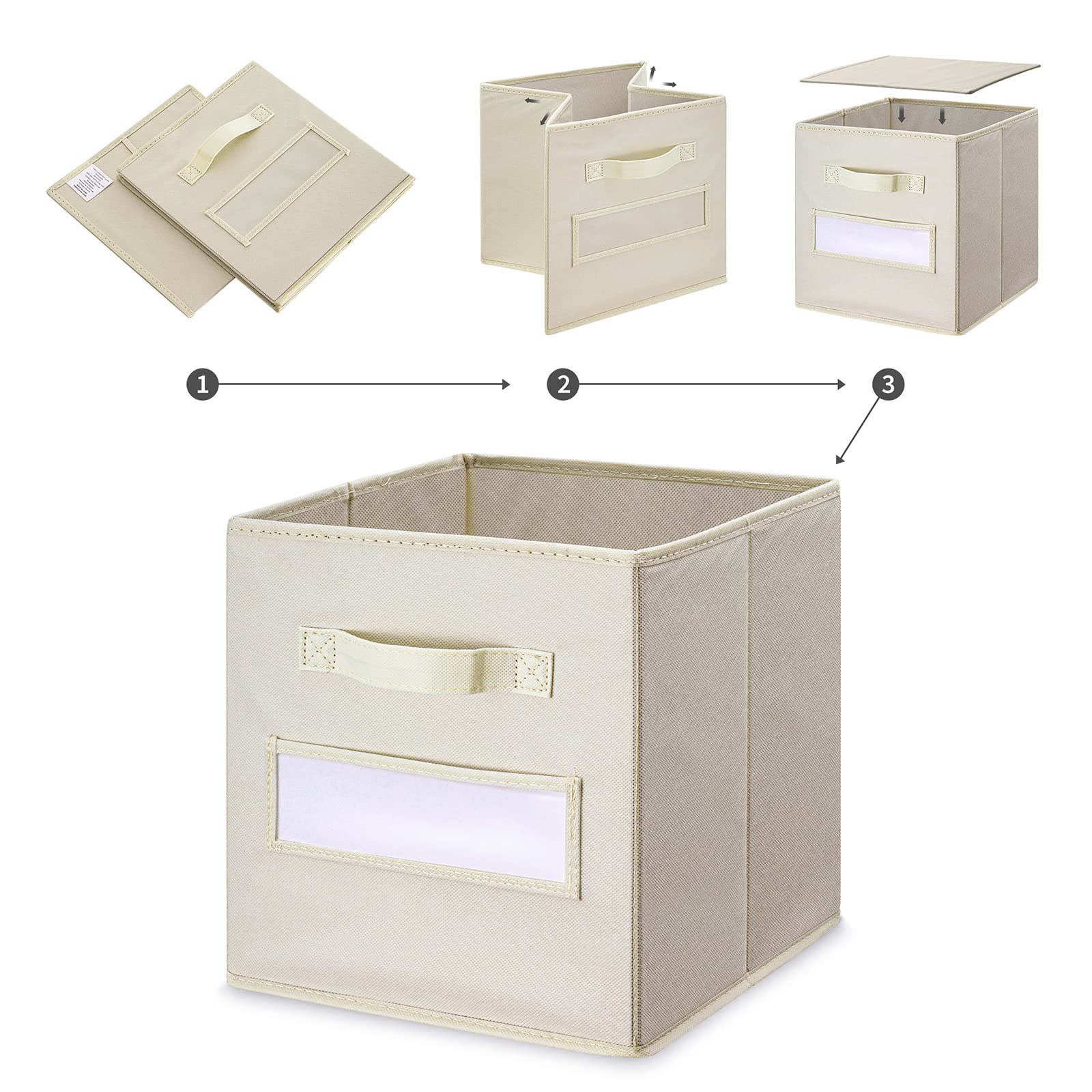 11 Inch Foldable Fabric Storage Cubes (Set of 10) - Beige Closet Organizer Bins with Labels & Pen - Perfect for Shelves, Closets, Kids Room & Office Organization