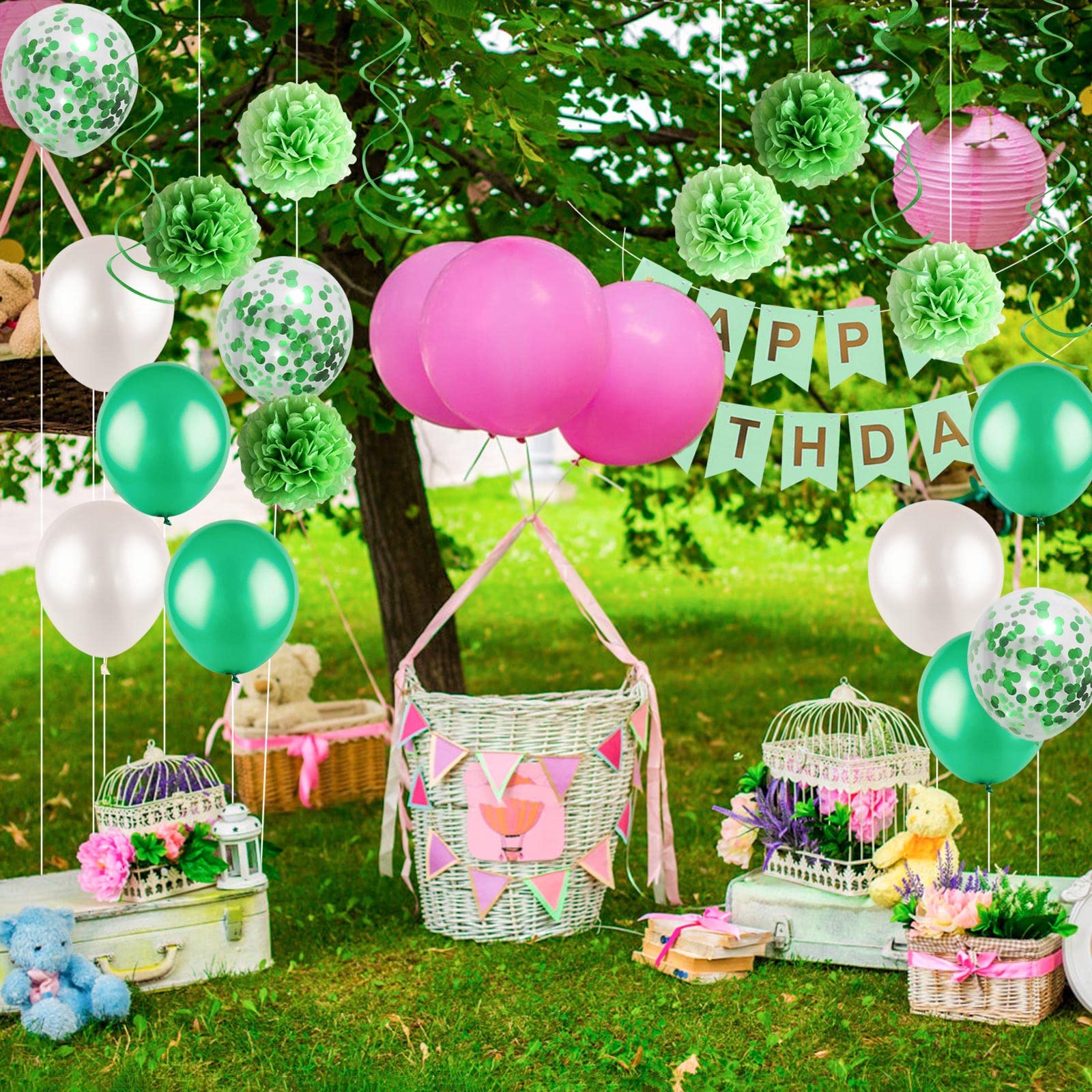 Green Birthday Party Decorations Kit - Happy Birthday Banner, Spiral Charm, Paper Flower Ball, Latex & Confetti Balloons for Girls & Boys Birthday Party Supplies | Perfect for Indoor/Outdoor Birthday Celebrations, Baby Showers & Special Events