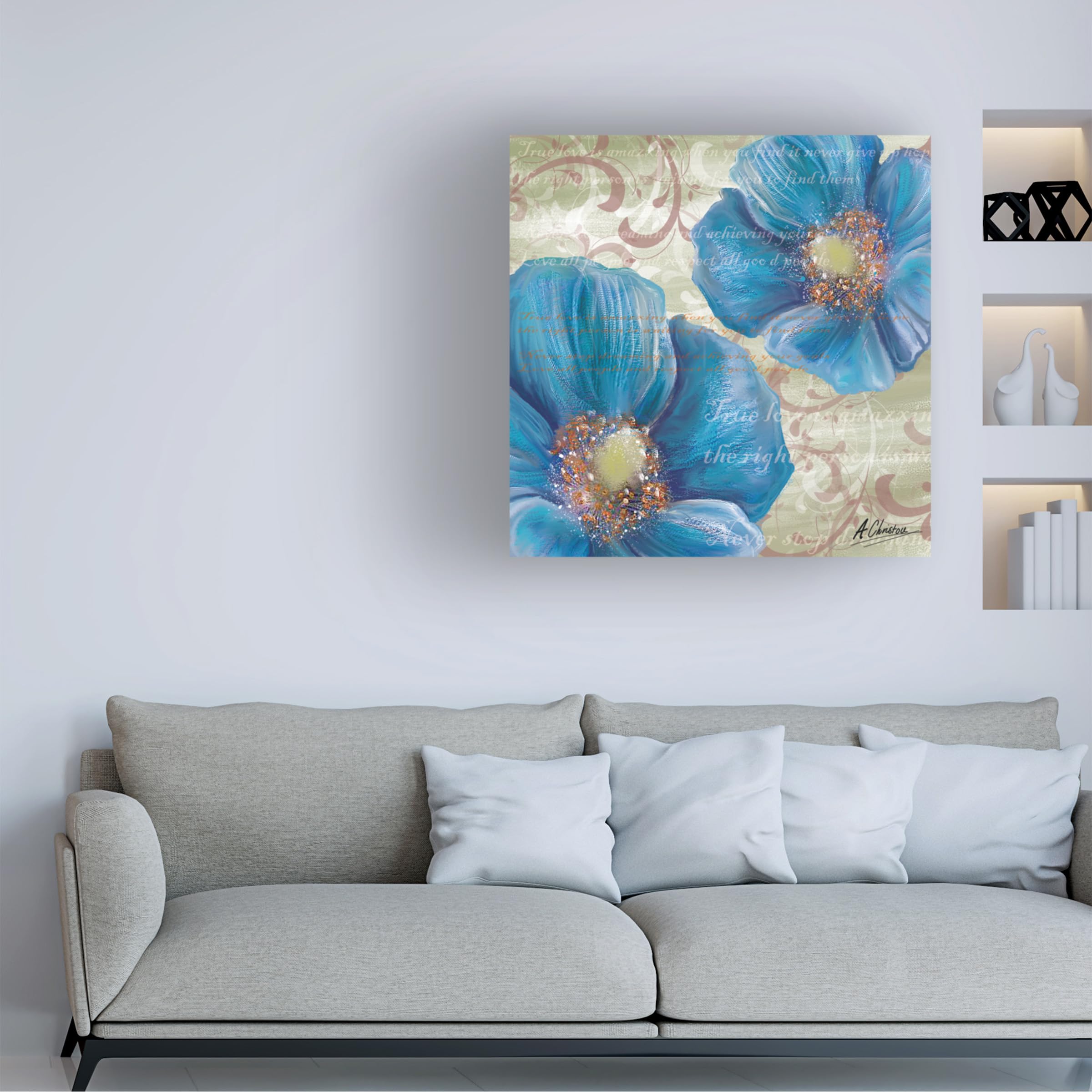 Anthony Christou Blue Poppies and Text 2 Canvas Art Print - Modern Floral Wall Decor for Living Room, Bedroom & Office - Trademark Fine Art Collection