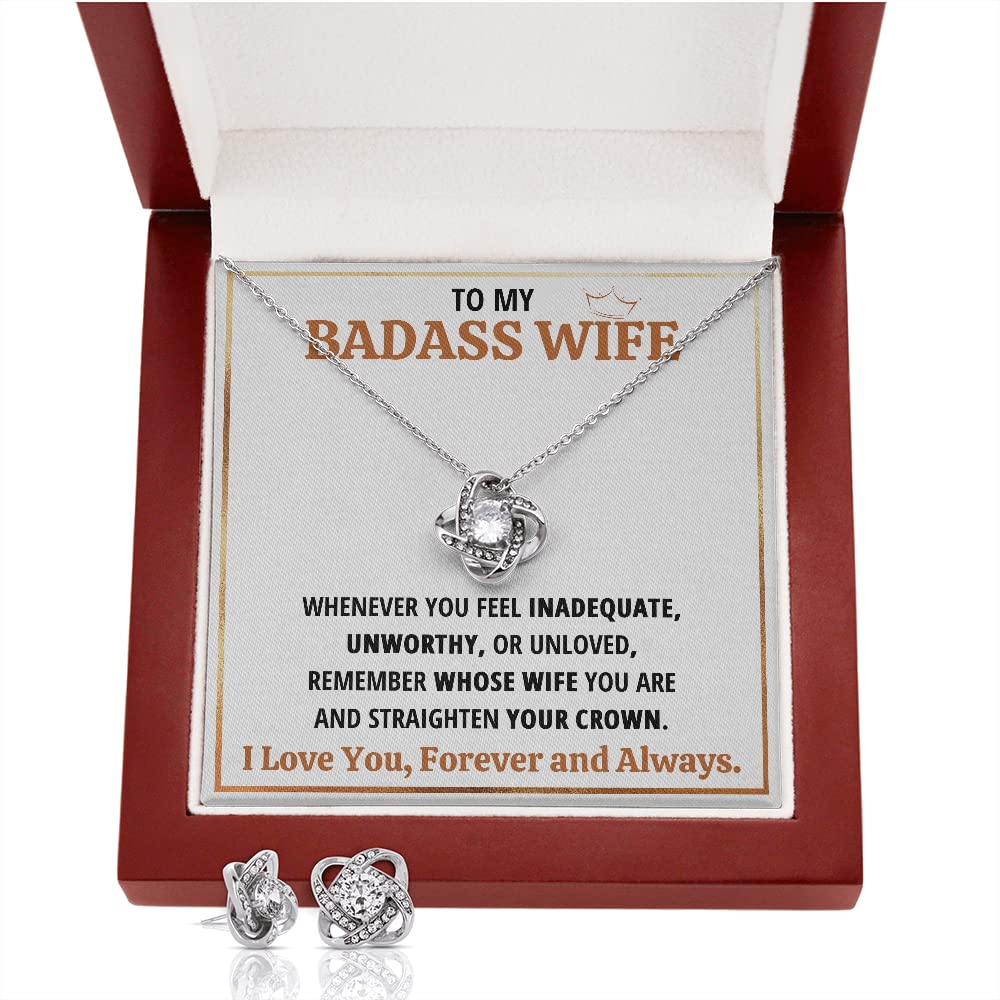 Badass Wife Necklace Gift Set - Crown Love Knot Pendant with Message Card & LED Gift Box (Includes Earrings) - Perfect for Valentine's Day, Anniversary & Special Occasions - Thoughtful Jewelry Gift from Husband to Wife for Date Nights, Weddings & Romantic Surprises