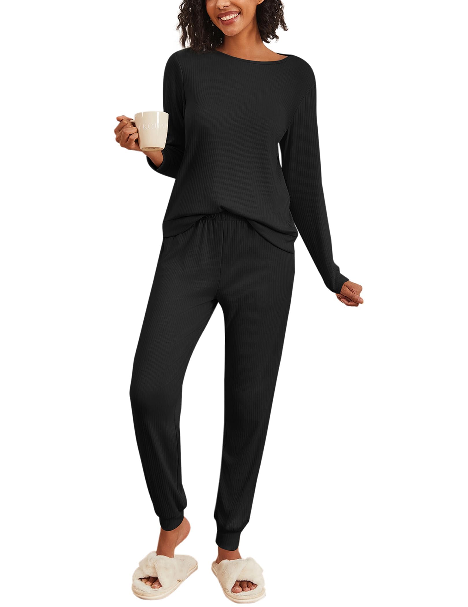 Ekouaer Women's Ribbed Knit Pajama Set - 2 Piece Long Sleeve Jogger Sleepwear with Pockets, Soft Round Neck Lounge Set for Cozy Nights & Relaxing at Home