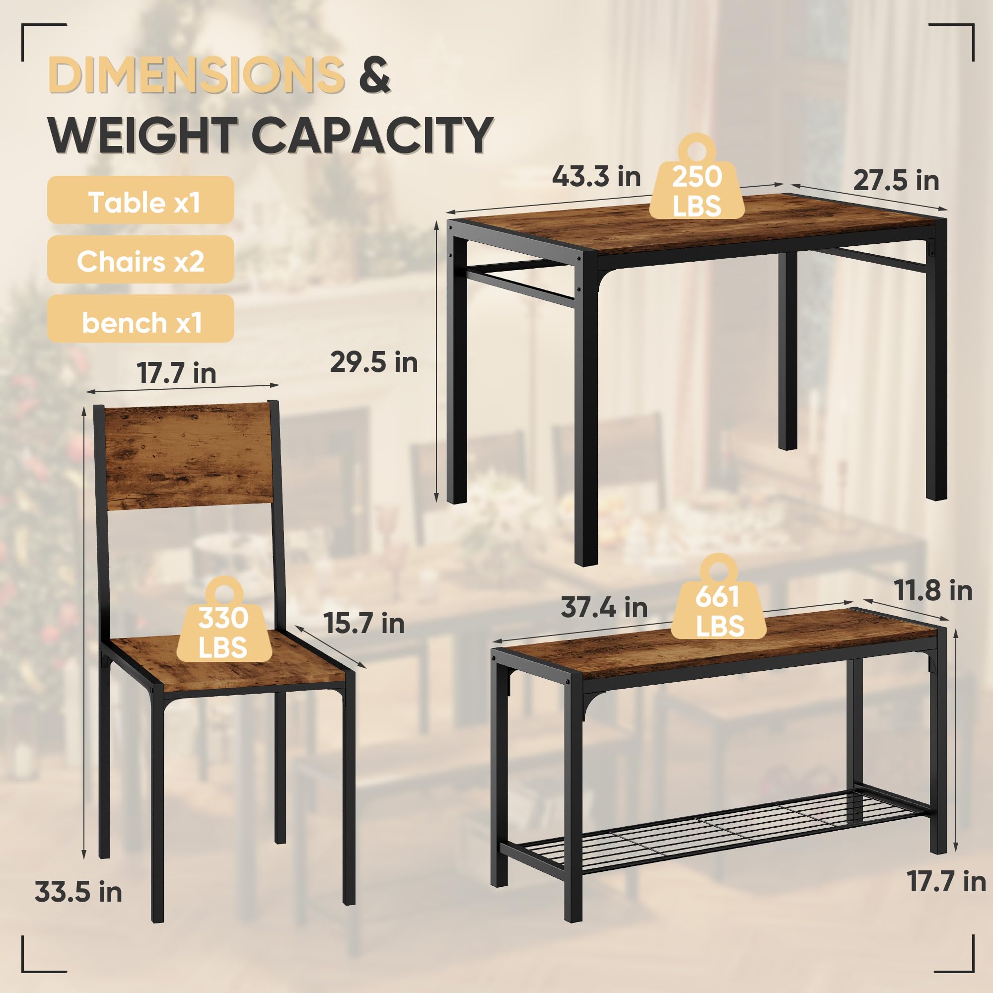 Shahoo 4-Piece Dining Set with Table, 2 Chairs & Bench - Compact Kitchen Table for Small Spaces in Brown | Perfect for Apartments, Breakfast Nooks & Cozy Dining Areas