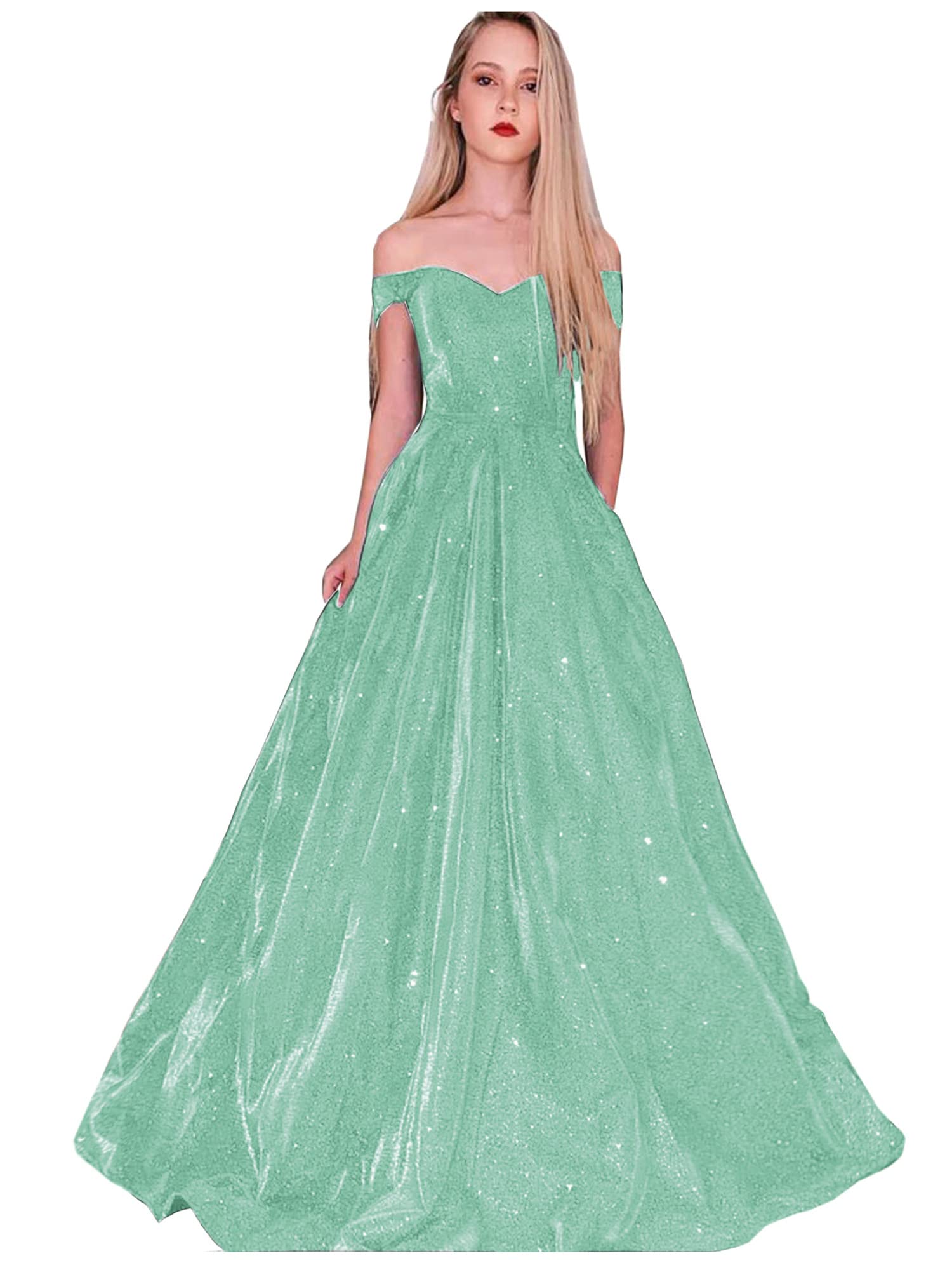 Elegant Off-The-Shoulder Glitter Prom Dress for Women - Formal Evening Gown with Pockets | Perfect for Homecoming, Wedding Guest & Special Occasions