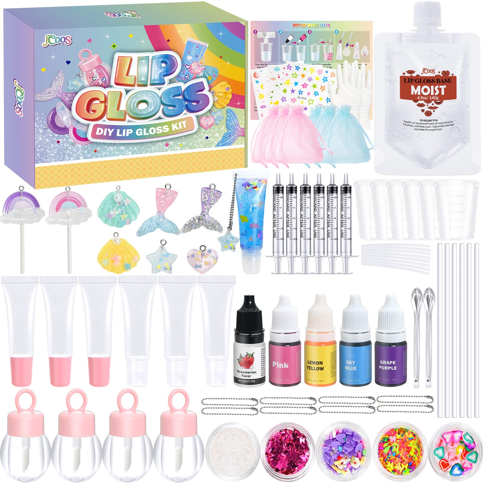 Jcoos 73PCS DIY Lip Gloss Making Kit - Shimmery Moisturizing Lip Glaze, Keychain Craft Set for Beginners, Women & Kids | Perfect for Birthday Gifts, Party Favors, and Creative Arts & Crafts Projects