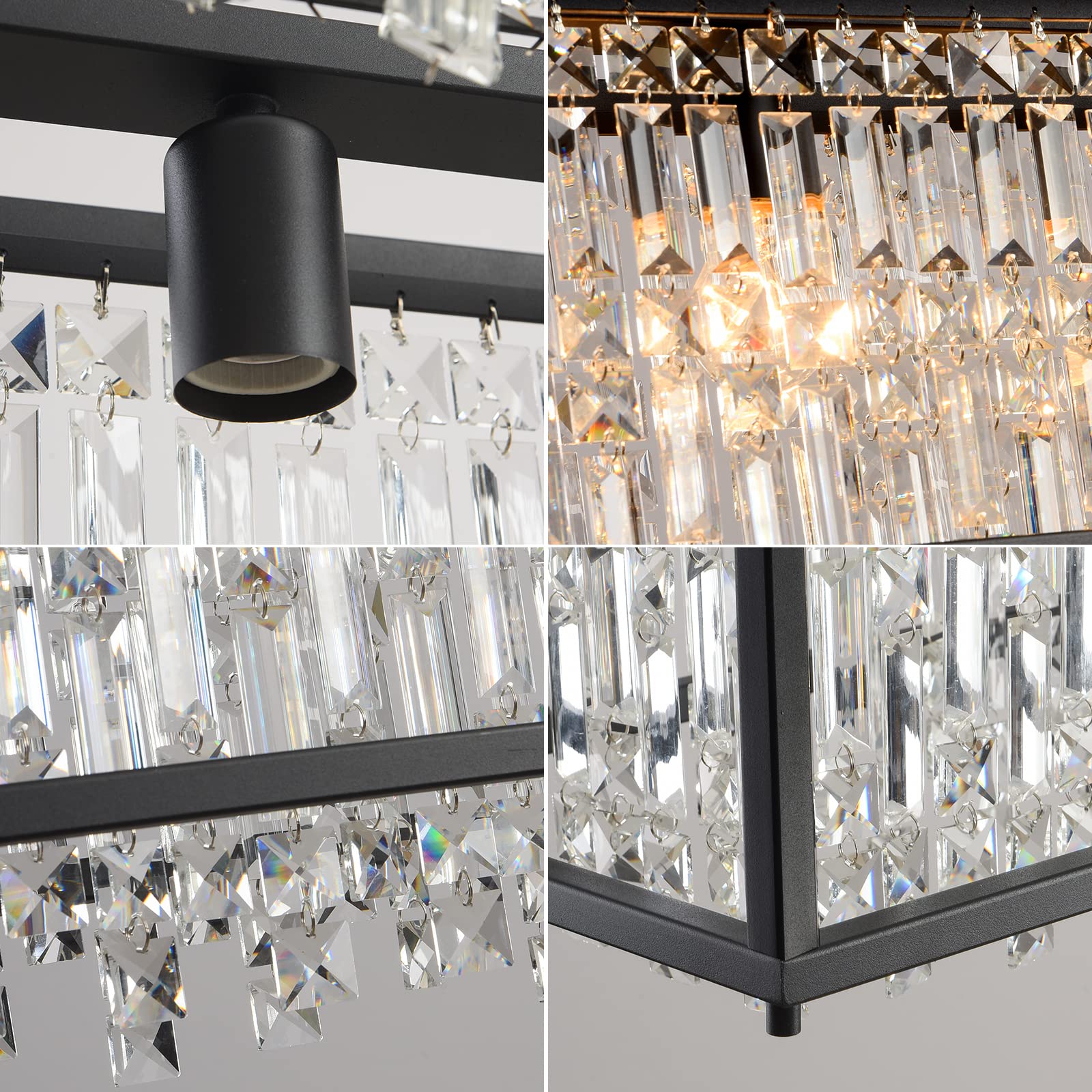 LMQNINE 4-Light Industrial Farmhouse Chandelier - 35.43 Inch Black Trapezoidal Crystal Pendant Light Fixture for Dining Room, Kitchen Island & Living Room | Rustic Elegance for Home Decor & Dinner Parties