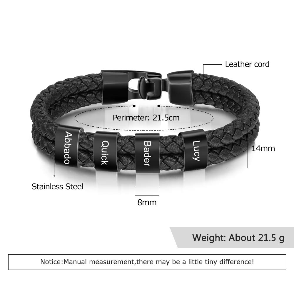 Custom Engraved Men's Leather Bracelet - Personalized Black Braided Cuff with 1-8 Name Beads | Unique ID Bracelet for Men | Perfect Gift for Father's Day, Anniversary & Everyday Wear