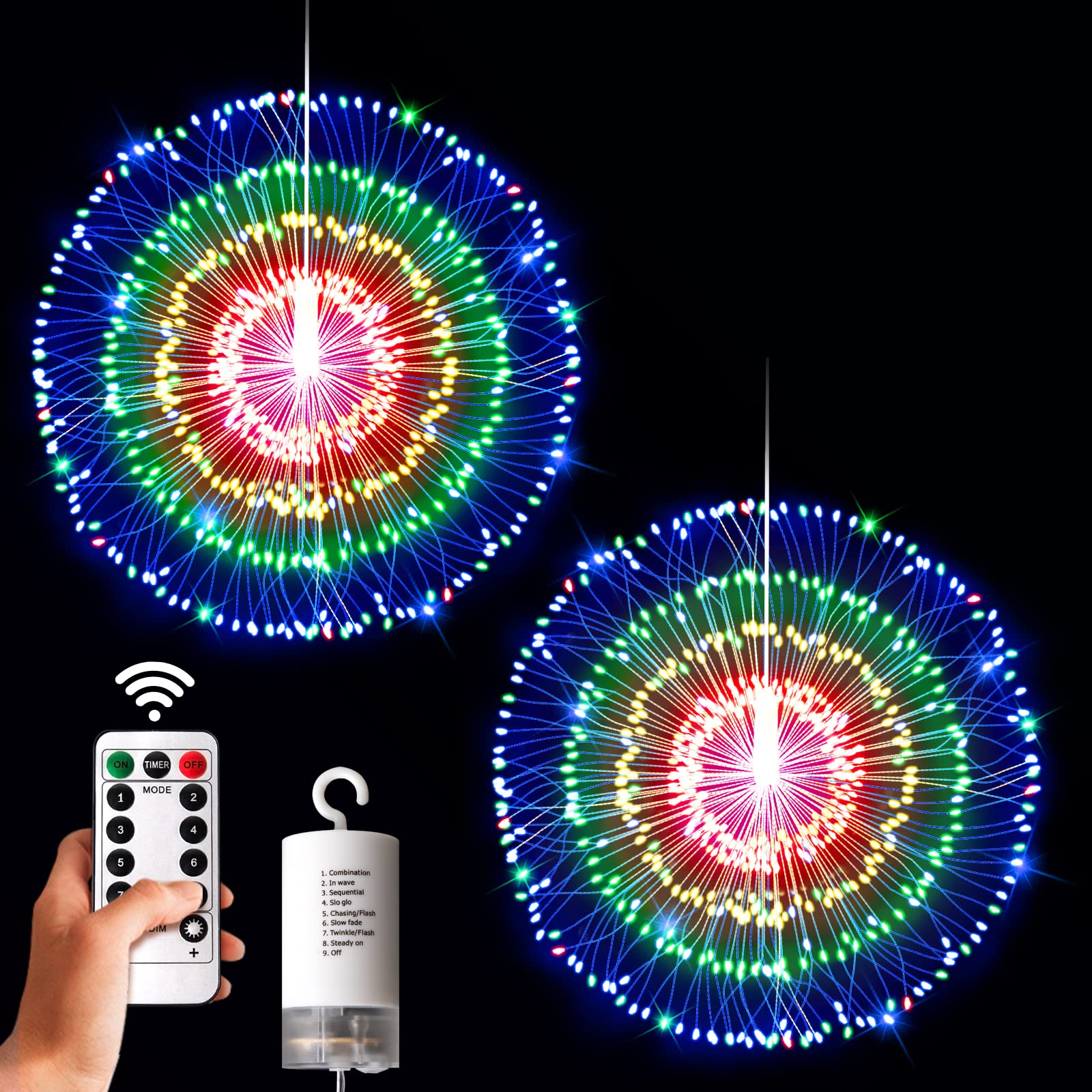 160 LED Copper Wire Waterproof Firework Lights - Battery Operated with Remote Control, 8 Modes Decorative Star Burst Lights for Party, Wedding, Christmas, Garden & Home Decor (2 Pack) - Perfect for Indoor/Outdoor Celebrations & Holiday Lighting