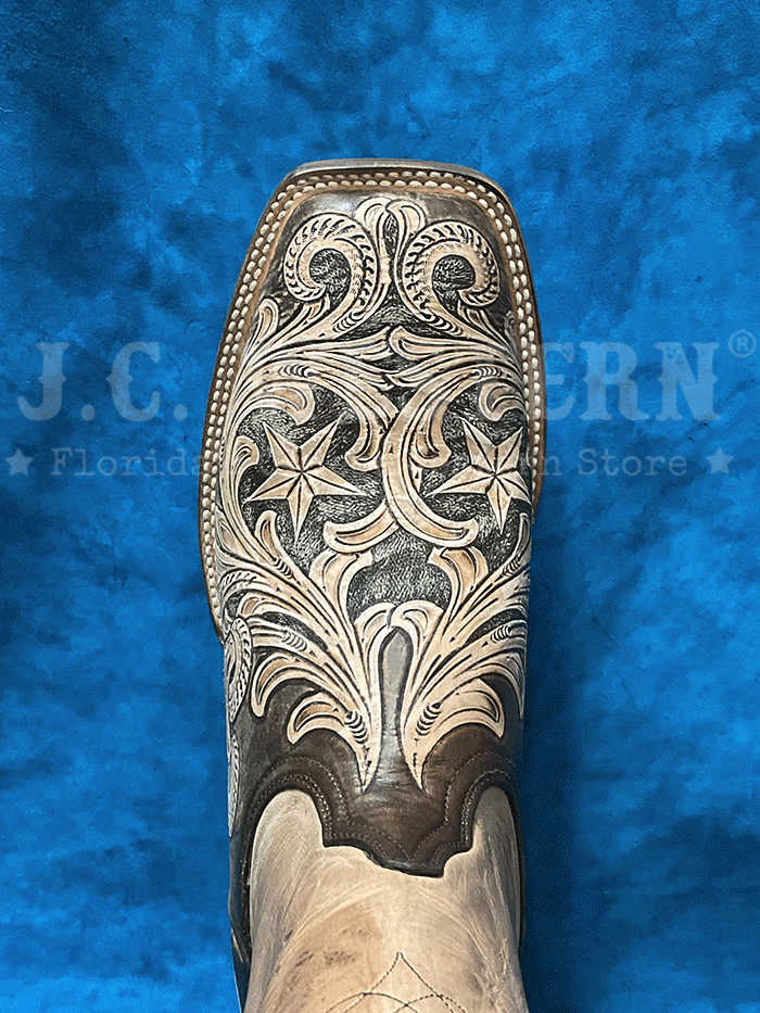 Men's Handtooled Black Jack HT 262-96 Square Toe Cowboy Boots - Vintage Chocolate & Natural Leather - Western Style for Rodeo, Country Dancing & Casual Wear