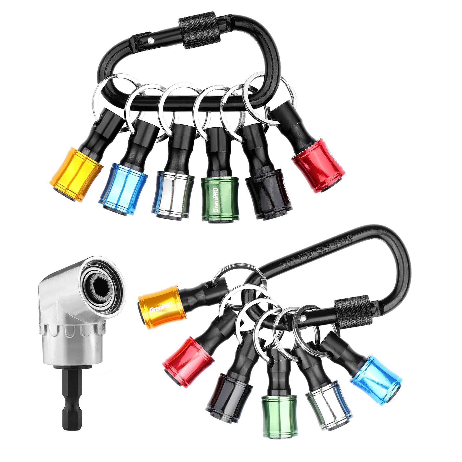 6-Piece Portable Bit Holder Keychain Set with 105° Right Angle Drill Adapter - 1/4
