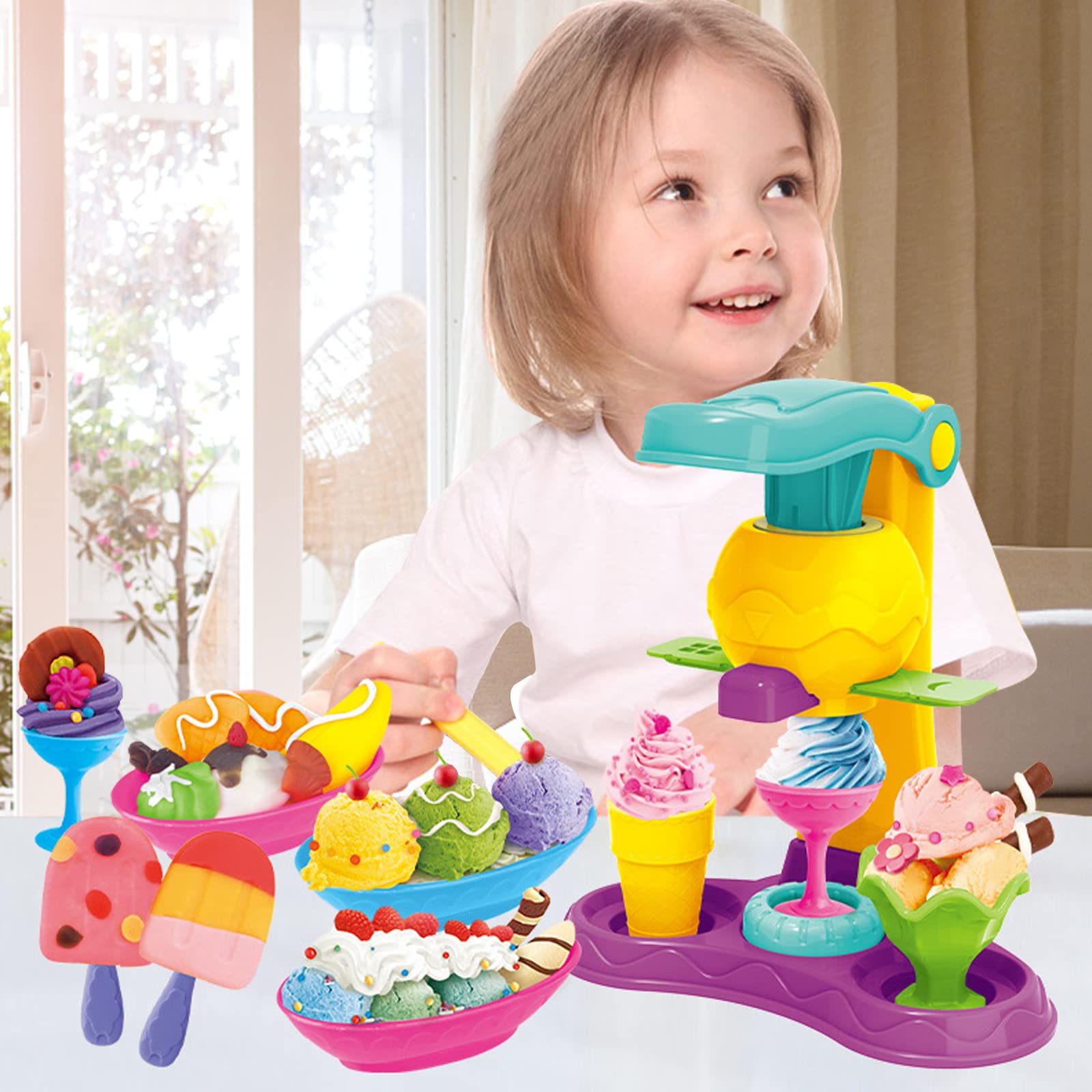 Colorful Ice Cream Play Dough Set - 21Pcs Kitchen Creations & Ice Cream Truck Maker with Clay Dough Tools - Creative Pretend Play Toy for Kids, Girls & Boys - Perfect for Birthday Gifts & Preschool Learning Activities