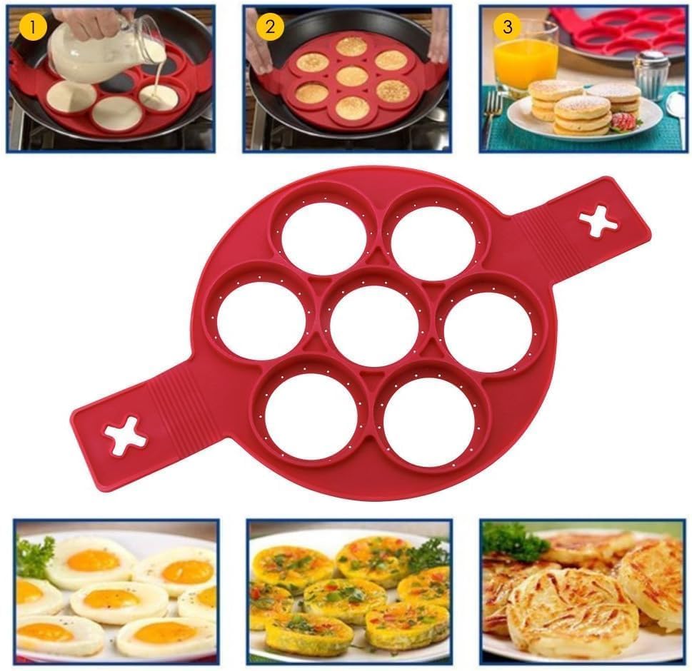 Flip N Cook Pancake Maker - Non-Stick Silicone Mold Set (Round, Heart Shapes, Pink) for Easy Homemade Pancakes, Breakfast & Kids Cooking Fun