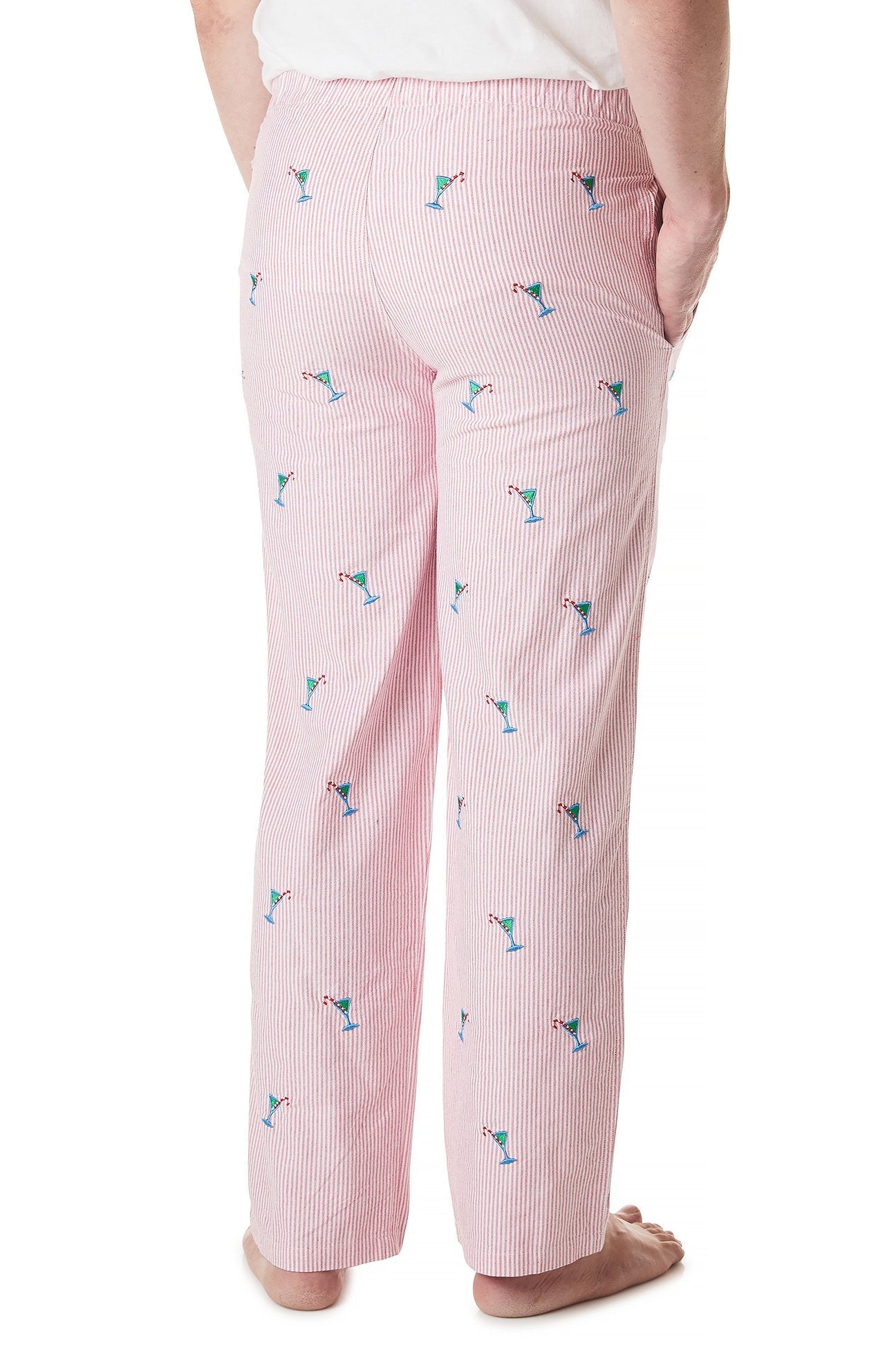 Oxford Red Stripe Sleeper Pants with Martini Candy Cane Design - Cozy Holiday Lounge Pajamas for Christmas & Winter Nights
