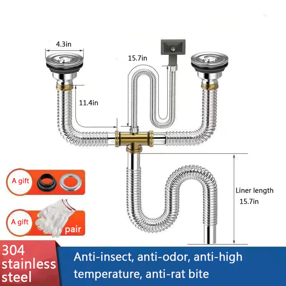 RZGZKLSH Stainless Steel Double Sink Downpipe Fittings - Flexible Trap Tube for Kitchen, Bathroom, Washroom - Durable Sewer Drain Pipe for Efficient Water Flow in Home and Commercial Use