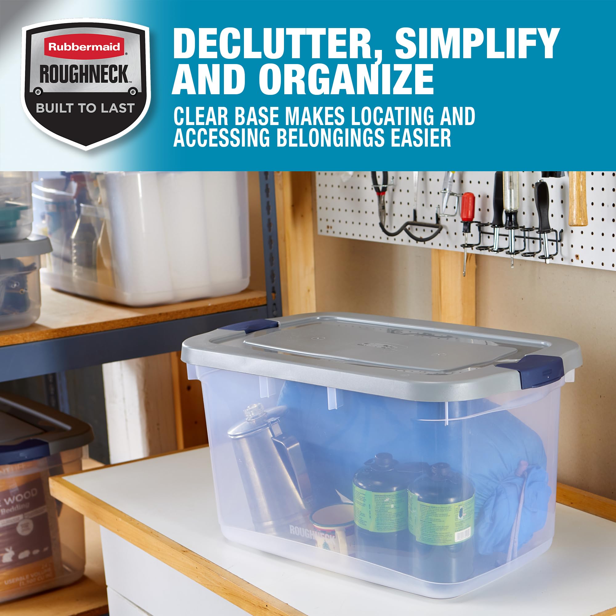 Rubbermaid Roughneck Clear 66 Qt (16.5 Gal) Storage Containers with Latching Grey Lids - 4 Pack, Durable Stackable Bins with Visible Base for Home Organization, Garage, Closet & Office Storage