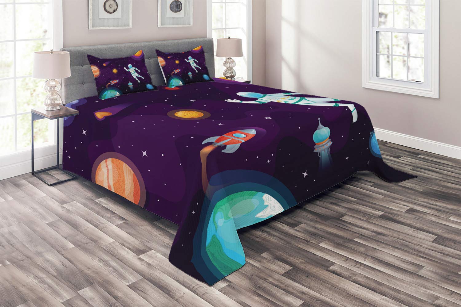 Ambesonne Universe Astronaut Space Bedspread Set - King Size 3 Piece Quilted Coverlet with 2 Pillow Shams, Solar System Planets Rocket Exploration Design in Dark Purple & Multicolor - Perfect for Space Themed Bedroom Decor, Kids Room or Sci-Fi Lovers Gift