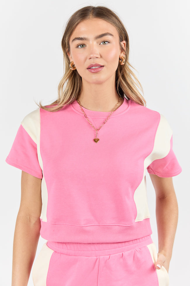 Stylish Pink and Ivory Contrast French Terry Short Sleeve Sweatshirt for Women | Soft Casual Pullover | Perfect for Gym, Lounge & Everyday Wear