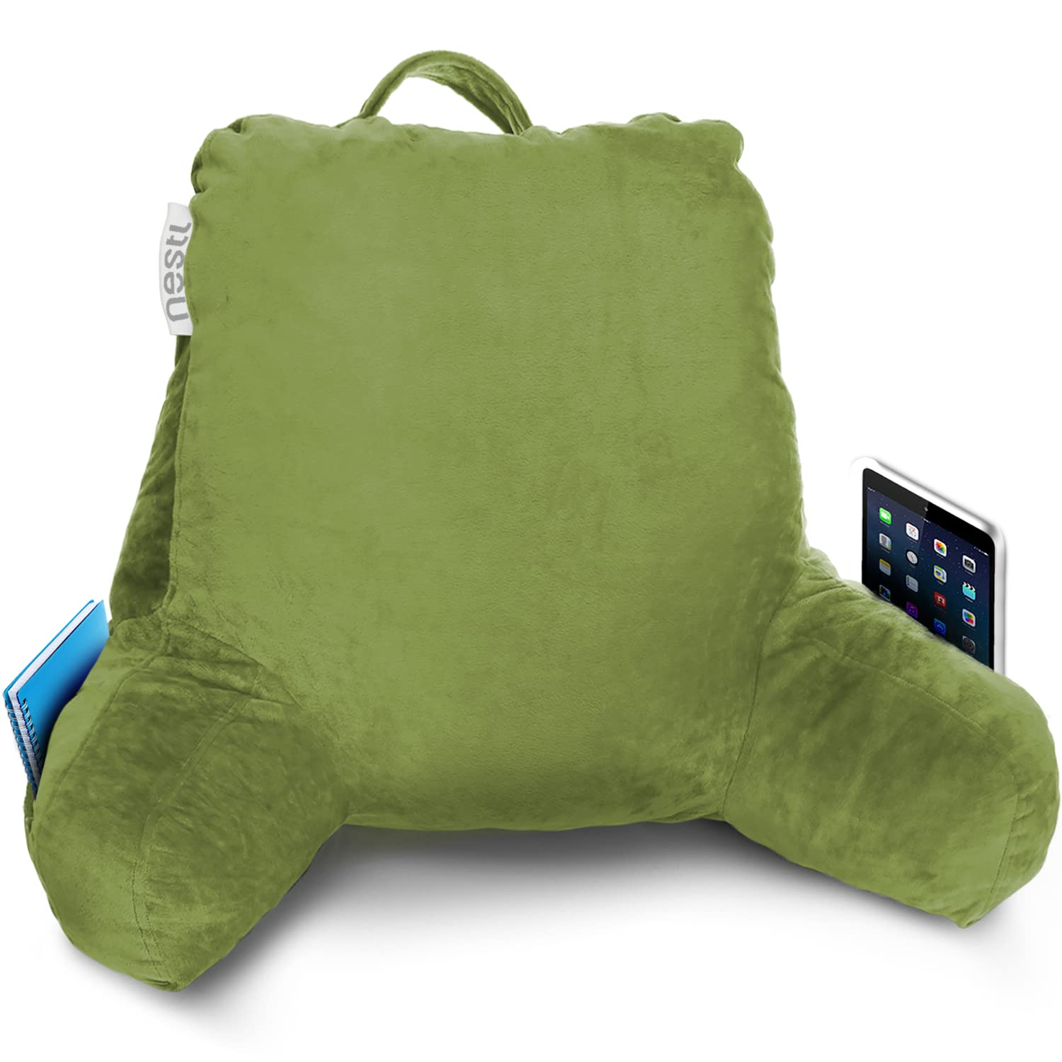 Nestl Reading Pillow with Memory Foam - Standard Bed Pillow for Back Support, Sitting in Bed & Chair - Green Backrest Pillow with Pockets - Perfect for Reading, Watching TV & Relaxing in Bed or Sofa