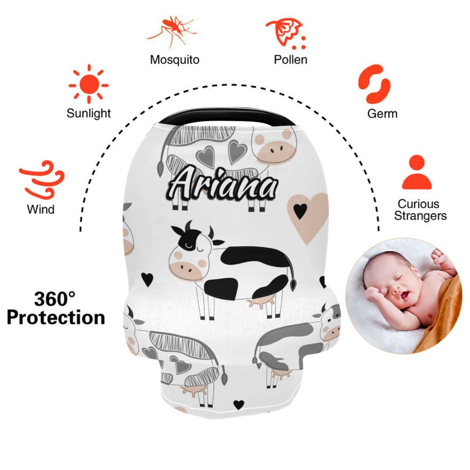 Custom Cute Cow Print Stretchy Baby Car Seat Canopy - Personalized Infant Stroller Cover & Multi-Use Nursing Cover for Shopping Carts - Perfect for Outings, Travel & Breastfeeding in Public