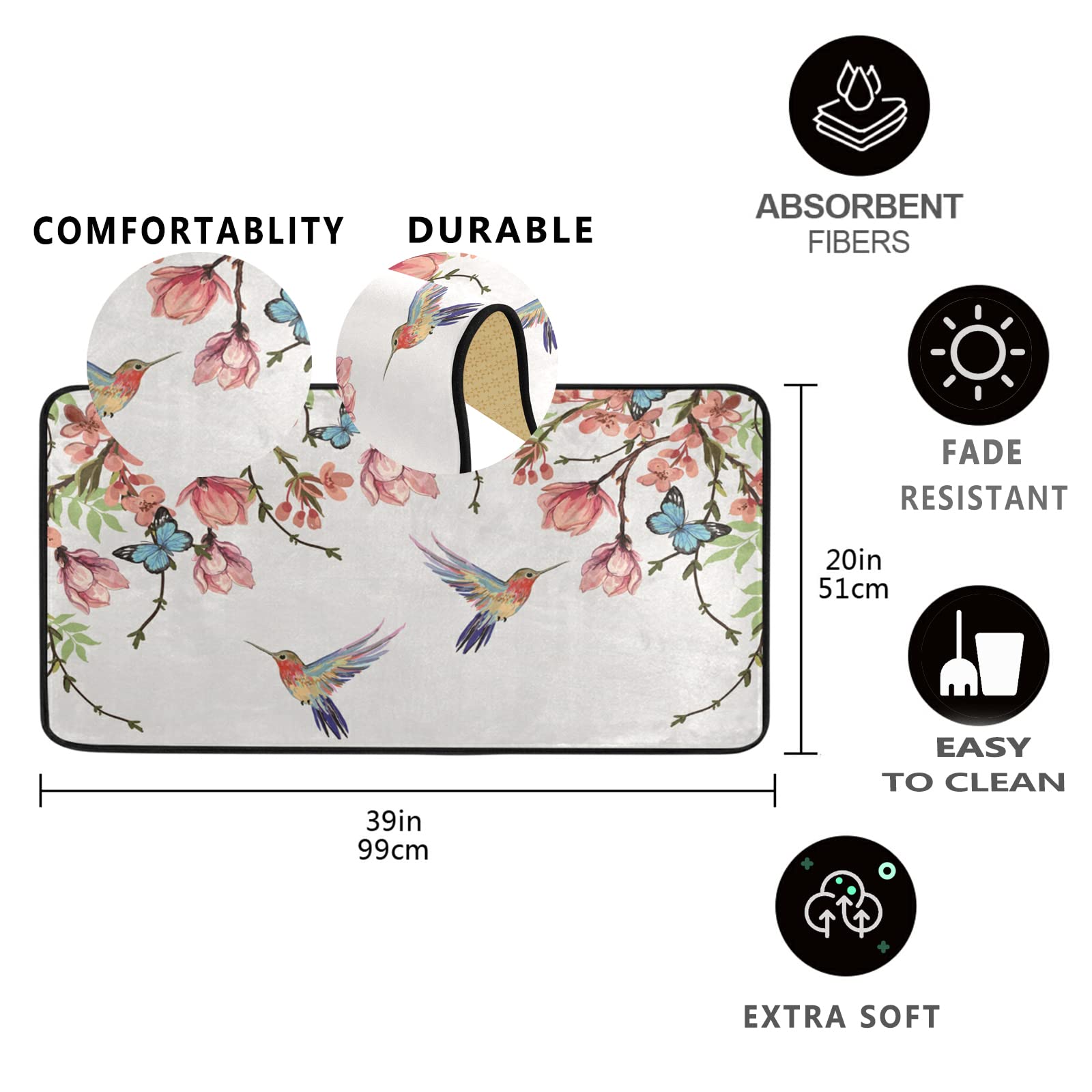 Hummingbird Kitchen Mats 39x20 Inch - Anti-Fatigue Butterfly Design Non-Slip Floor Rug - Waterproof Oil Resistant Kitchen Carpet for Home, Bath & Outdoor Decor - Perfect for Cooking, Dishwashing & Standing Comfort