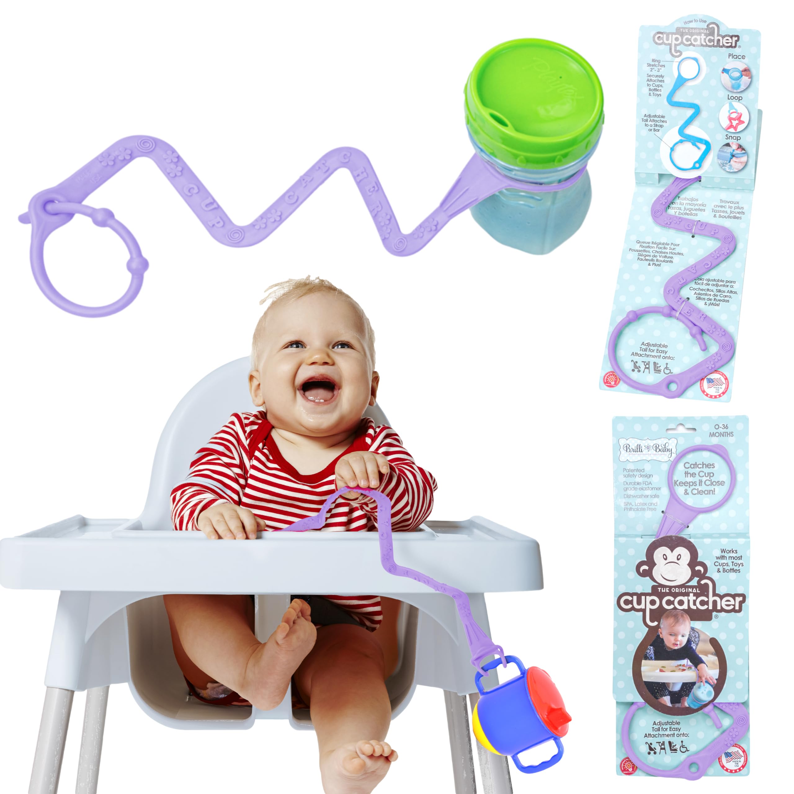 Brillibaby Cup Catcher - Patented Safety Tether Strap for Sippy Cups, Bottles, Toys & Pacifiers | Securely Attaches to Strollers, High Chairs & Car Seats | Made in USA, Food Grade & Dishwasher Safe (Lavender) | Perfect for On-the-Go Parents & Toddlers at Parks, Restaurants & Travel