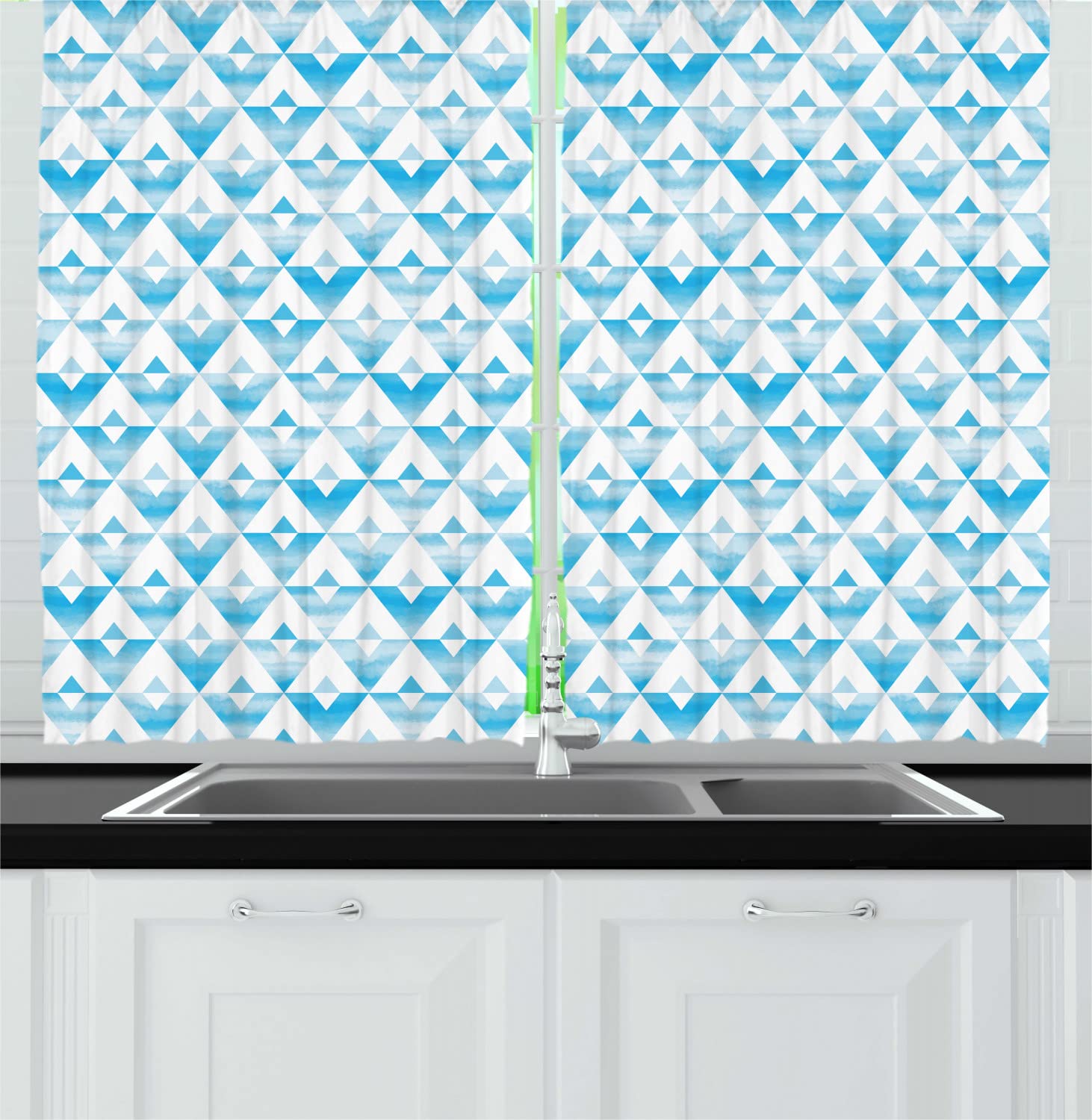 Ambesonne Modern Long Kitchen Curtains - Geometric Triangle Pattern with Sky & Clouds Design, 55