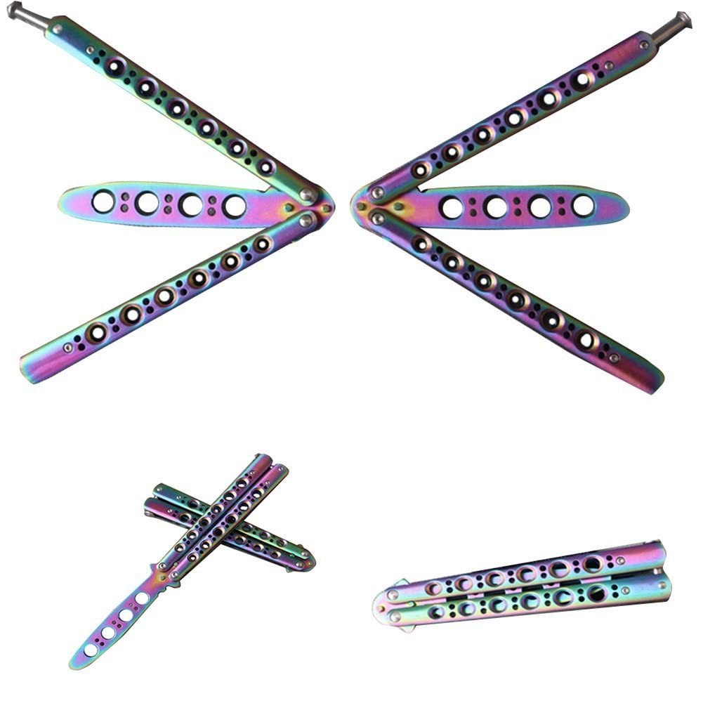 Oliasports Rainbow Practice Balisong - Metal Butterfly Knife Trainer with Dull Blade for Safe Flipping Tricks - Perfect for Beginners, Martial Arts Training & EDC Skill Development