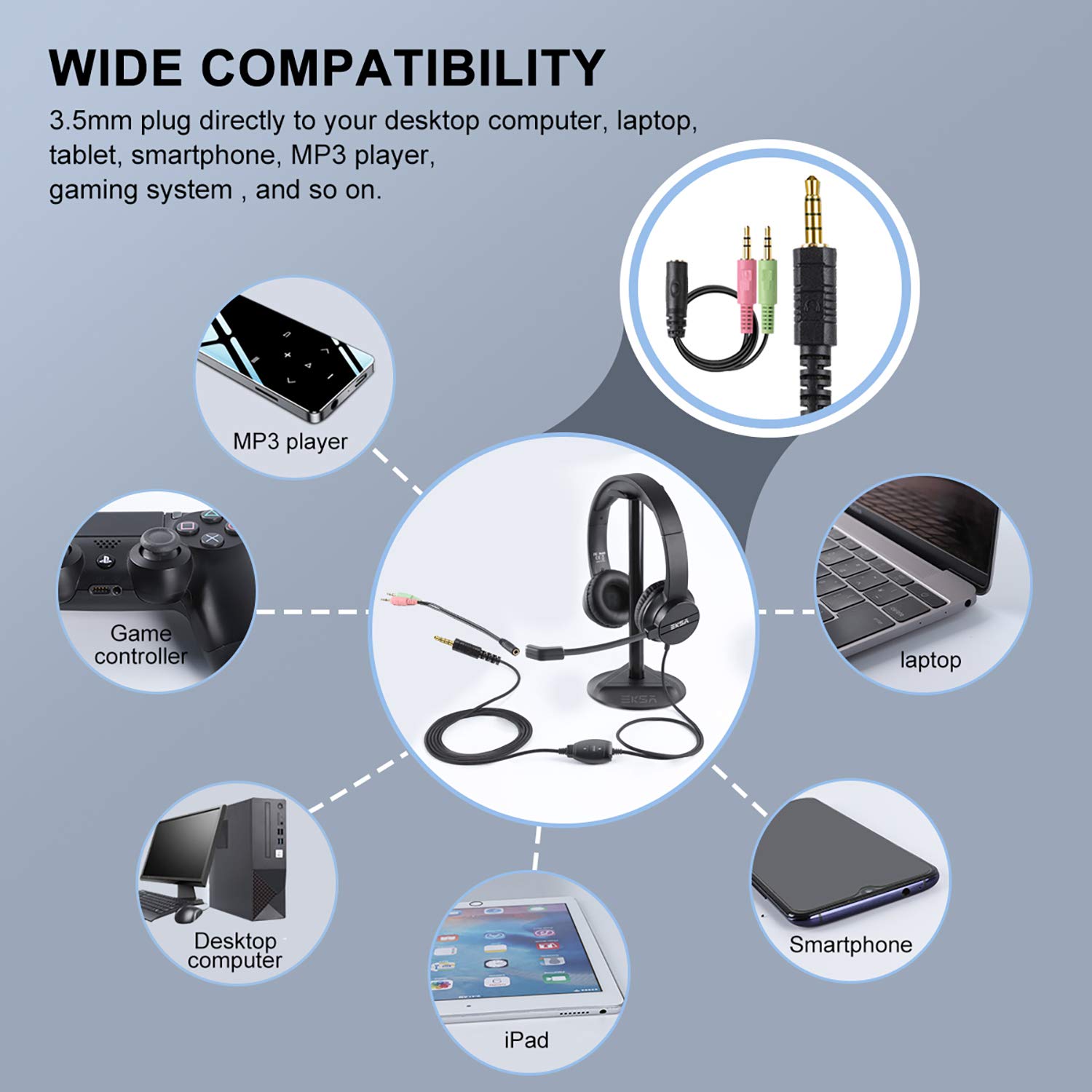 EKSA H12 Wired PC Headset with Microphone, 3.5mm Business Headset with Mute Button & Volume Control, Clear Stereo Sound for Office/Call Center/Home Office - Perfect for Skype, Zoom, Teams Meetings & Remote Work