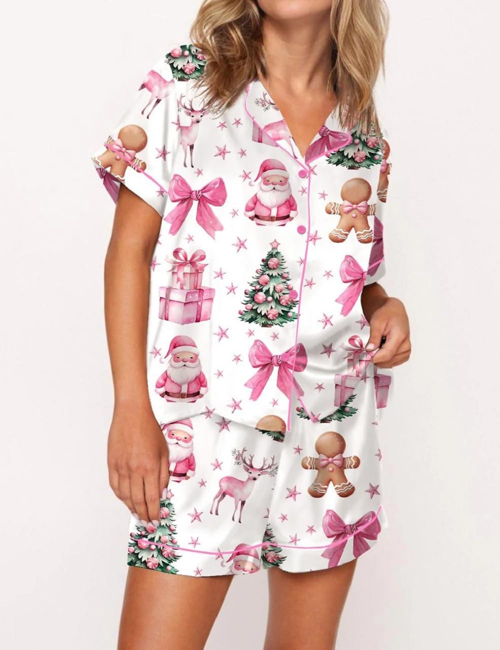 Juakoso Women's Christmas Pajama Set - Trendy Print Button Down Lounge Wear - Silk Satin 2 Piece Sleepwear - Y2K Style Pajamas for Holiday Parties & Cozy Nights