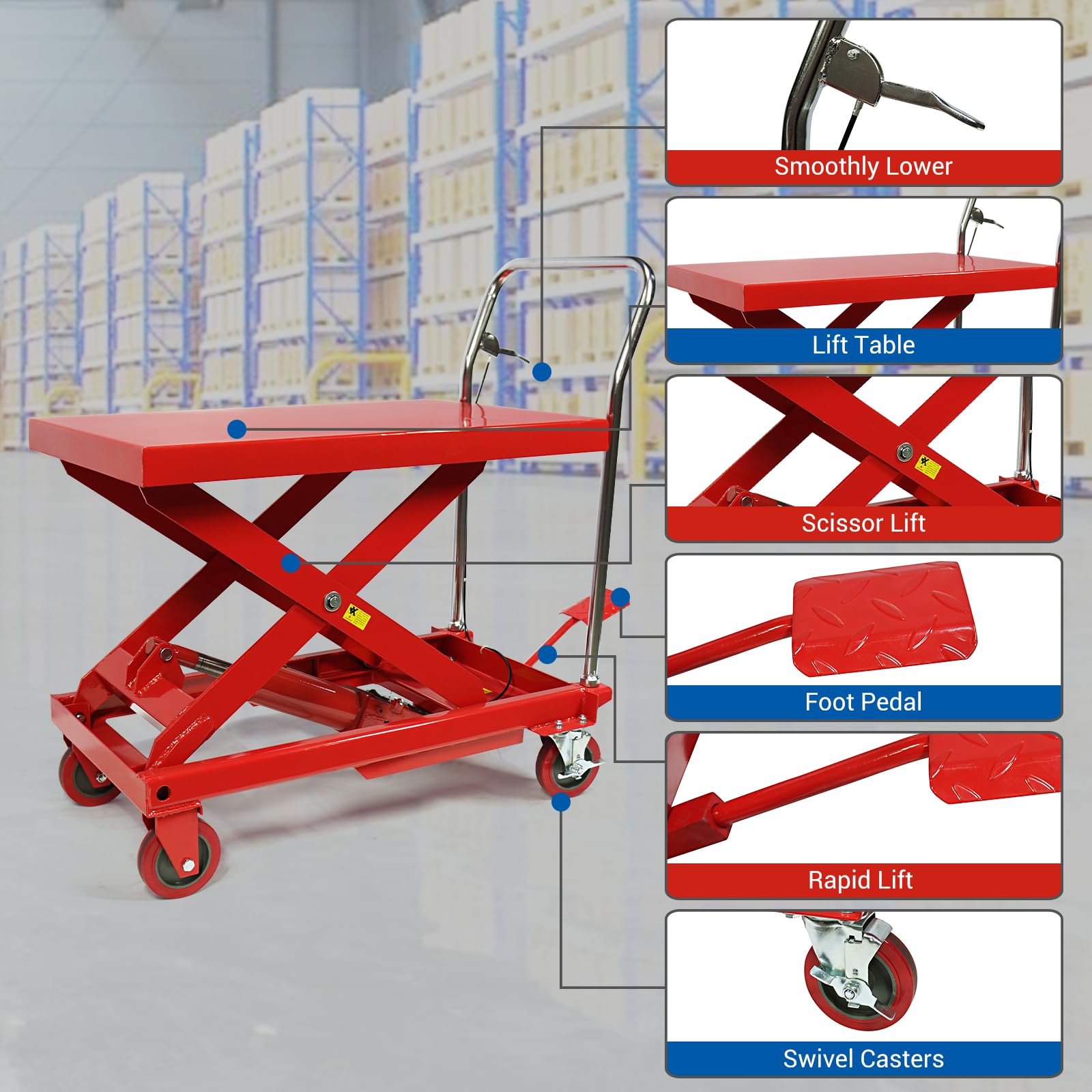 Heavy Duty Double Scissor Hydraulic Lift Table Cart - 660lbs Capacity, 30.8