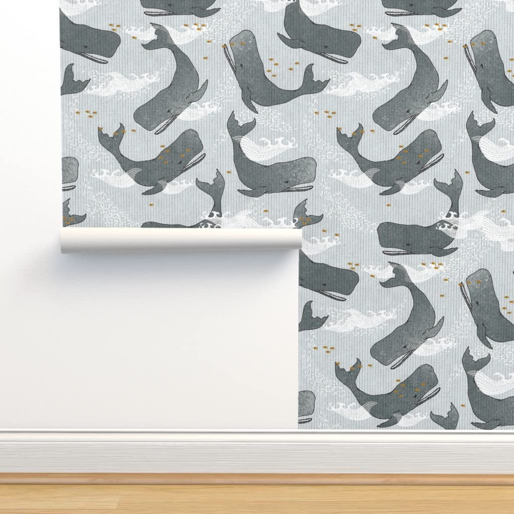 Removable Wallpaper 12ft x 2ft - Whales Ocean Theme with Dark Blue Waves, Nautical Sea Fish Design, Gender Neutral Nursery Decor | Pre-Pasted Peel & Stick Wallpaper by Spoonflower | Perfect for Kids' Rooms, Bathrooms & Coastal Home Decor