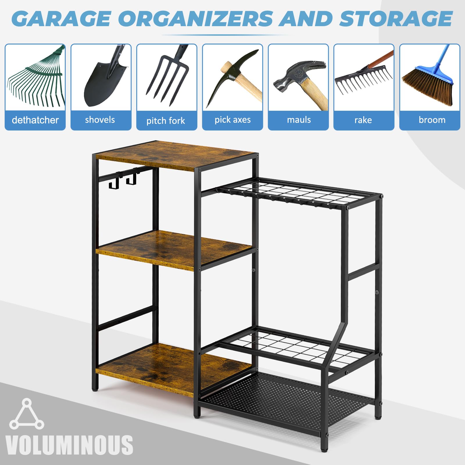DAOUTIME 3-Tier Metal Garden Tool Organizer with 2 Hooks - Heavy Duty Steel Yard Tool Storage Rack for Garage, Shed & Home - Holds Up to 21 Long-Handled Tools (Black) - Perfect for Organizing Shovels, Rakes & Gardening Equipment