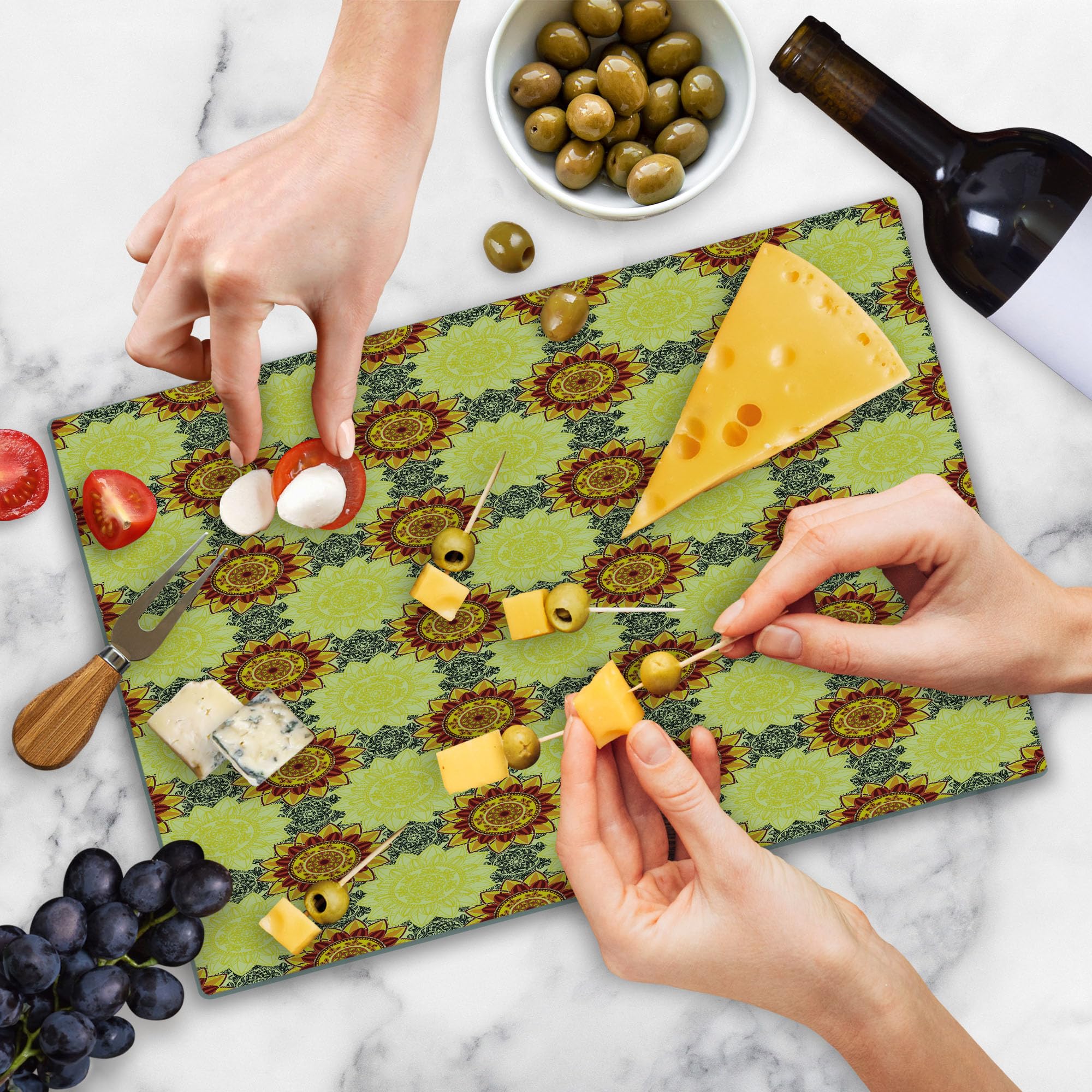 Ambesonne Mandala Glass Cutting Board - Yellow Boho Floral Design for Serving & Decor