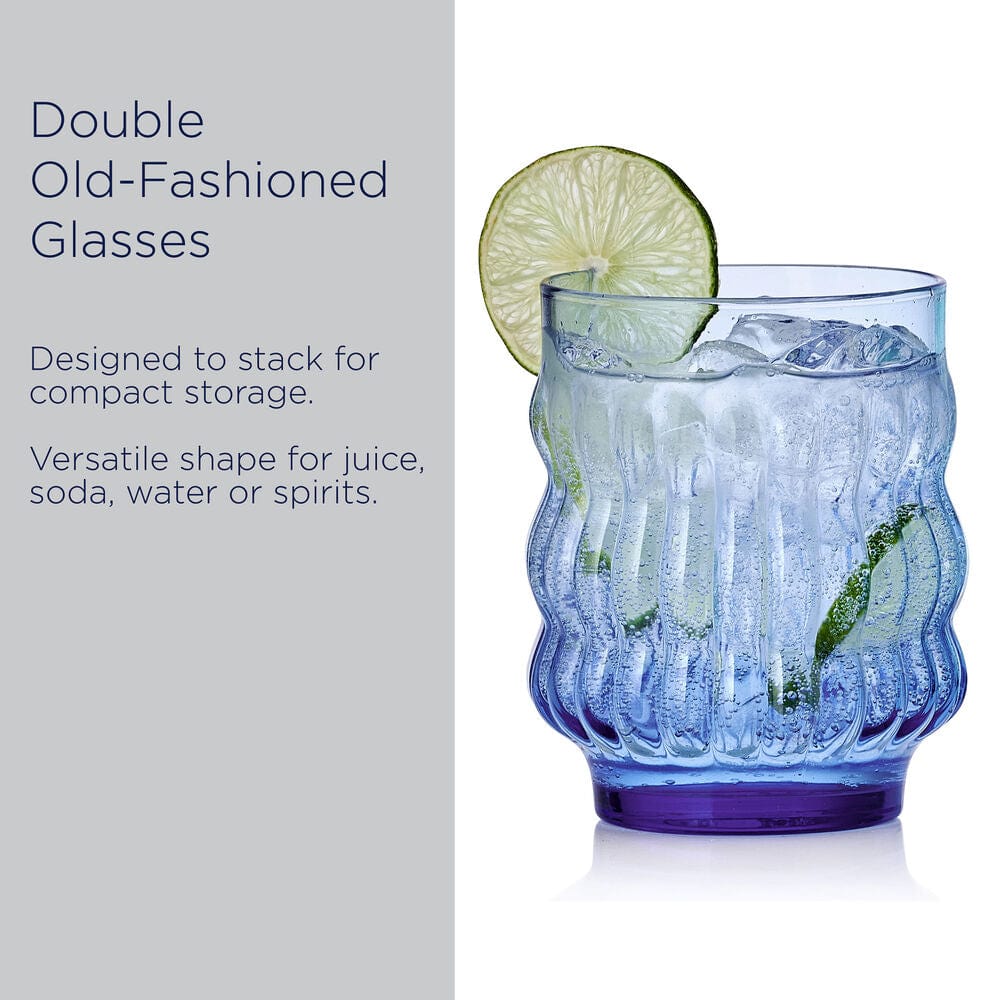Set of 4 Blue Waves Stackable Double Old Fashioned Glasses - Perfect for Cocktails, Whiskey & Home Bar Decor