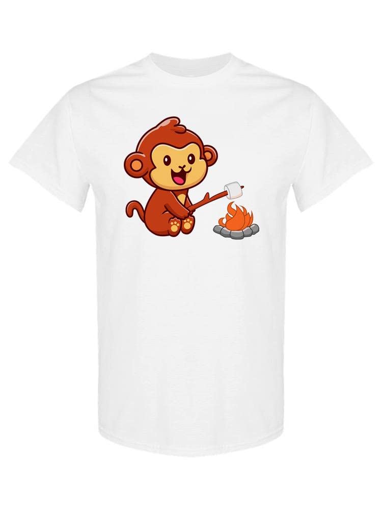 Smartprints Monkey Roasting Marshmallows Graphic T-Shirt for Women | Funny Animal Camping Tee | Perfect for Summer Outings & Campfire Parties