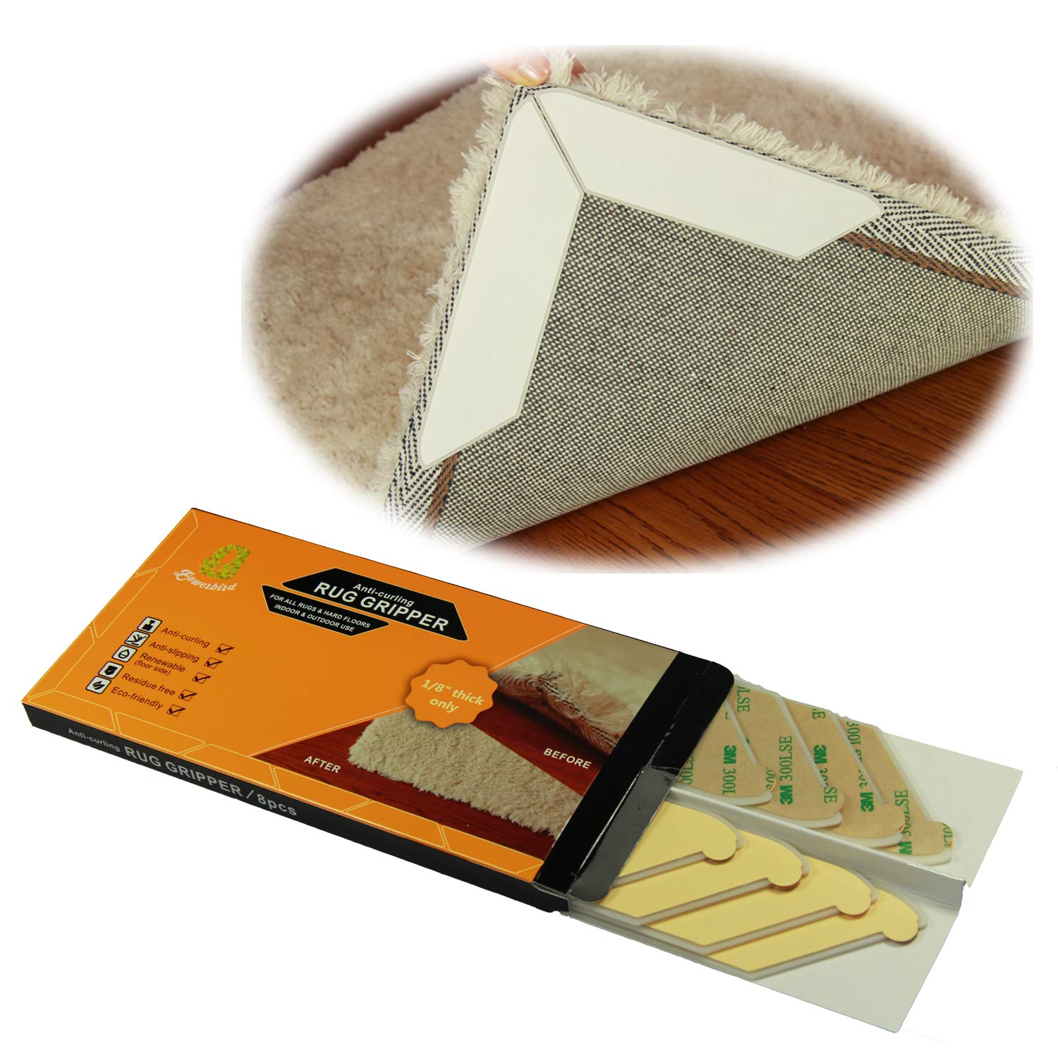 BOWERBIRD Non-Slip Rug Grippers - Anti-Curl & Anti-Slide Rug Corner Weights for Hardwood Floors - Perfect Alternative to Rug Pads, Carpet Tape & Rug Tape - Ideal for Living Room, Bedroom & Office Use