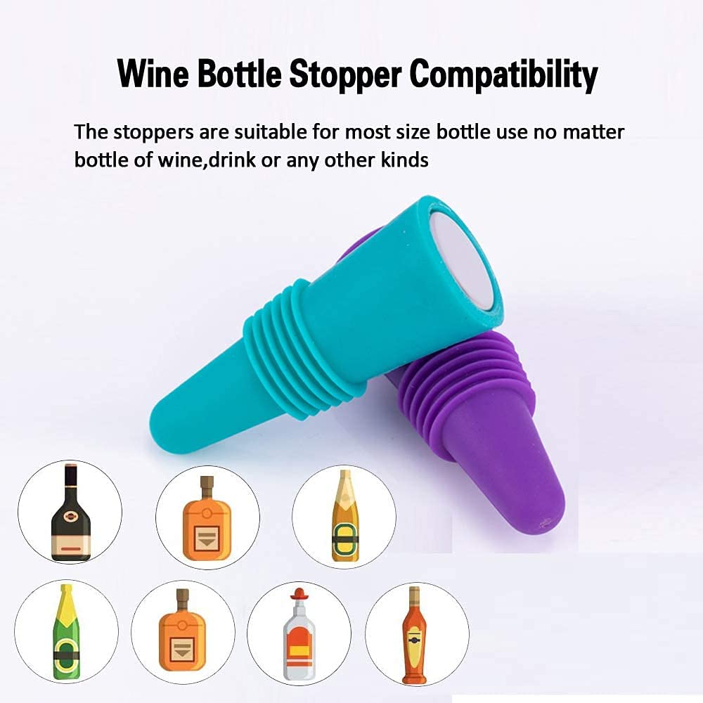 Premium Wine Stoppers Set of 4 - Colorful Silicone & Stainless Steel Bottle Stoppers for Wine, Champagne and Beverages - Airtight Seal for Freshness - Perfect for Home Bars, Parties and Gifts