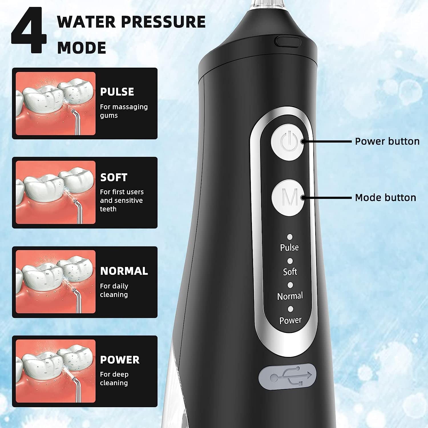 **Rechargeable Water Flosser for Teeth Cleaning - 4 Modes & 4 Tips, IPX7 Waterproof, 310ML Water Tank, Long Battery Life (Black) - Perfect for Travel, Home & Office Dental Care**
