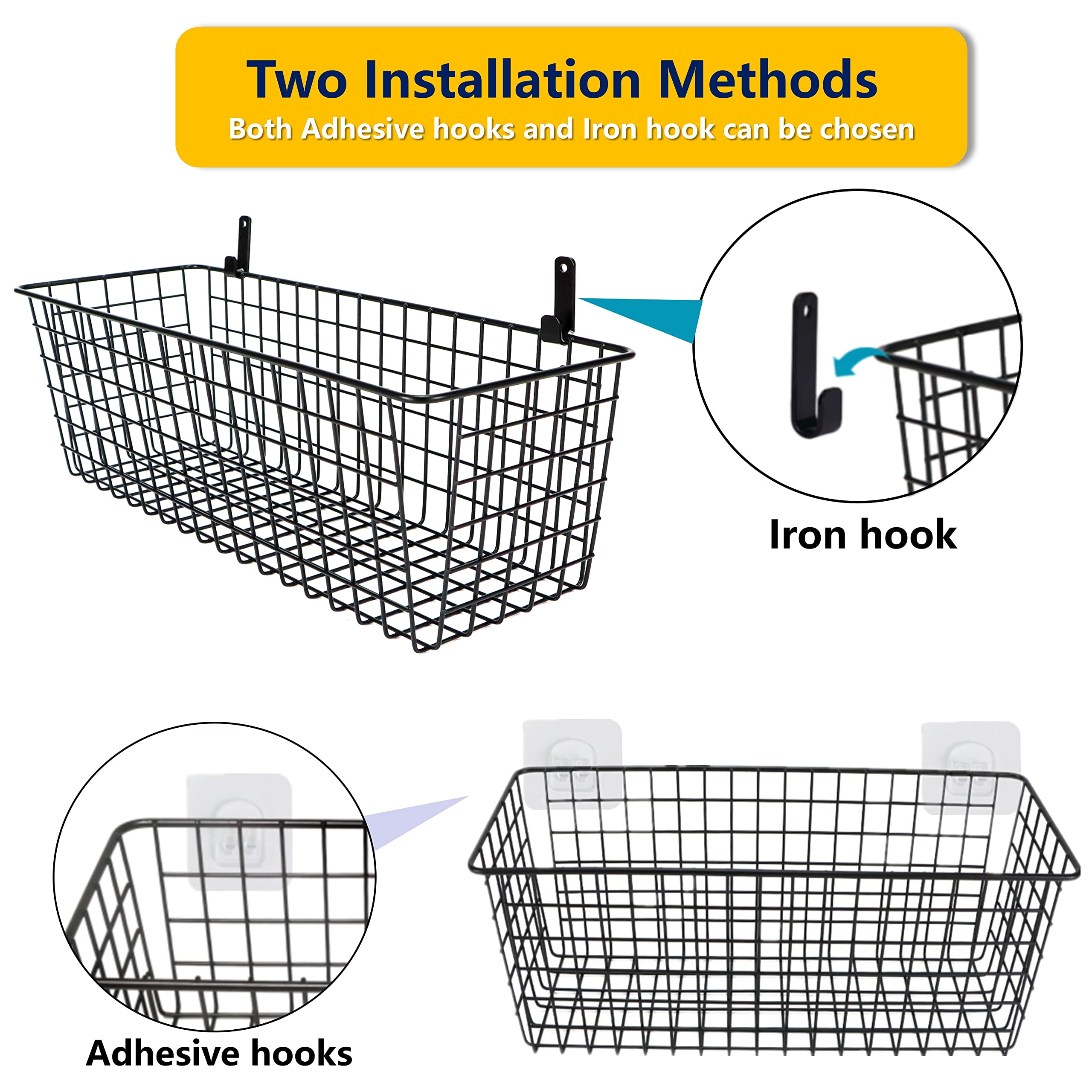 3-Pack Extra Large Hanging Wall Wire Baskets - Rustic Farmhouse Storage for Kitchen Pantry, Laundry Room, Closet & Garage Organization - Perfect for Small Space Storage in Homes, RVs and Dorm Rooms - Black