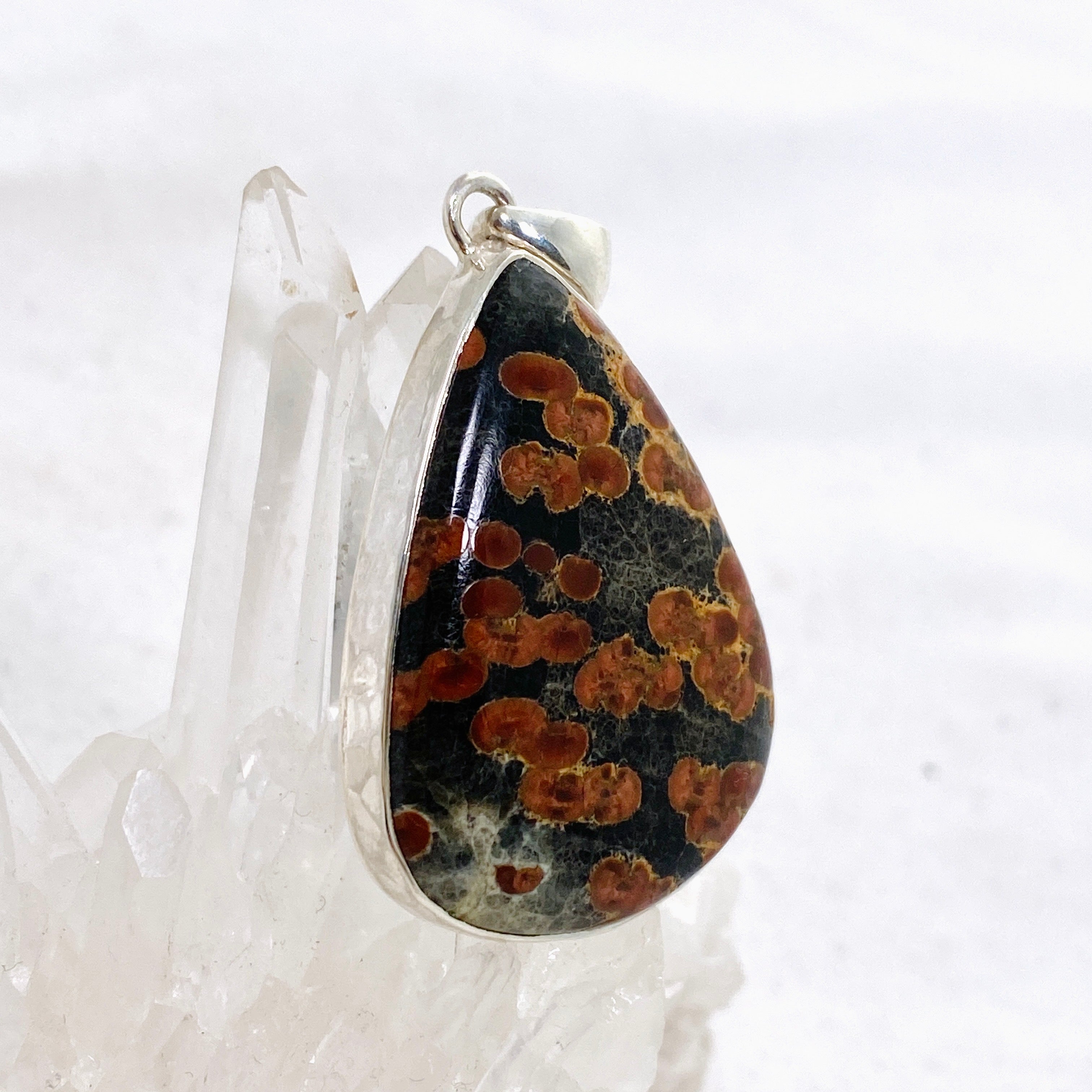 Natural Peanut Obsidian Perlite Teardrop Cabochon Pendant - Handmade Hammered Silver Setting KPGJ4767 - Perfect for Jewelry Making, Gifts & Spiritual Healing