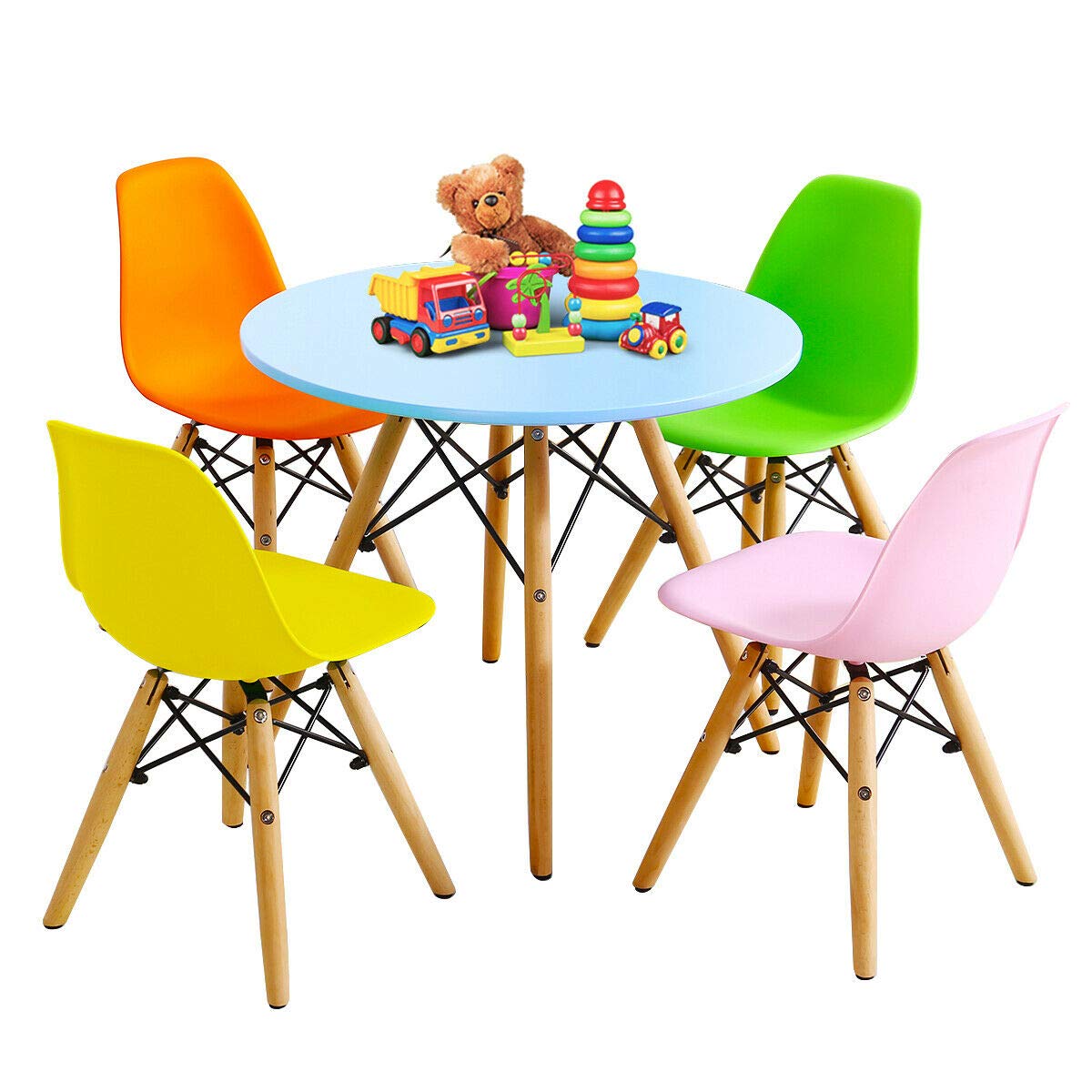 Modern Kids Dining Table Set - Round Table with 4 Armless Chairs, Colorful 5-Piece Furniture for Children's Room, Playroom or Nursery | Durable & Safe for Toddlers