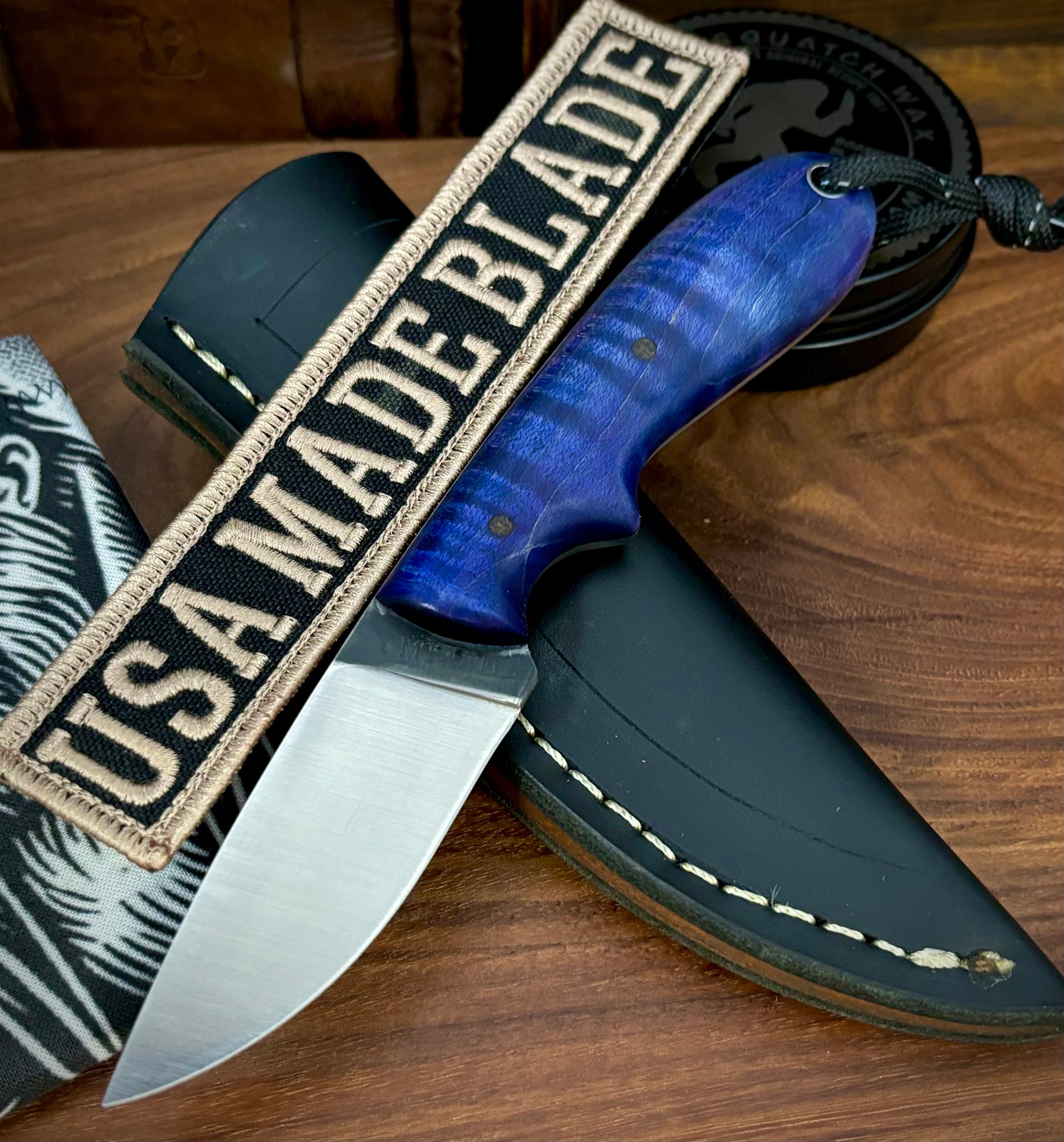 T.M. Hunt Custom Hedgehog Knife with Blue Curly Maple Handle - O1 Tool Steel Blade - Hunting, Camping & Outdoor Survival Gear
