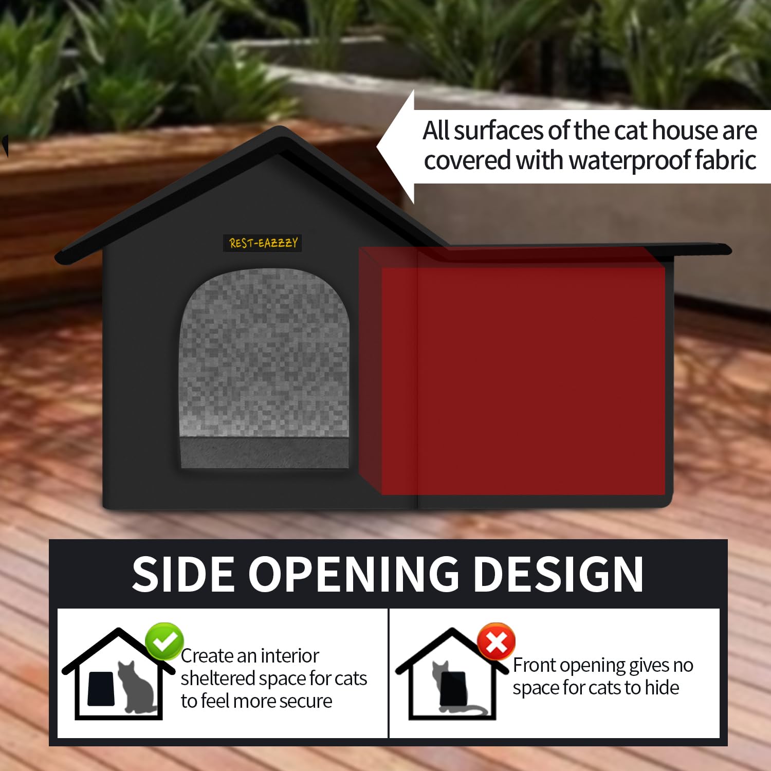 Weatherproof Insulated Outdoor Cat House with Self-Warming Mat - Durable Feral Cat Shelter for Winter, Waterproof & Easy Assembly (Black, Large) - Perfect for Backyards, Porches & Cold Weather Protection