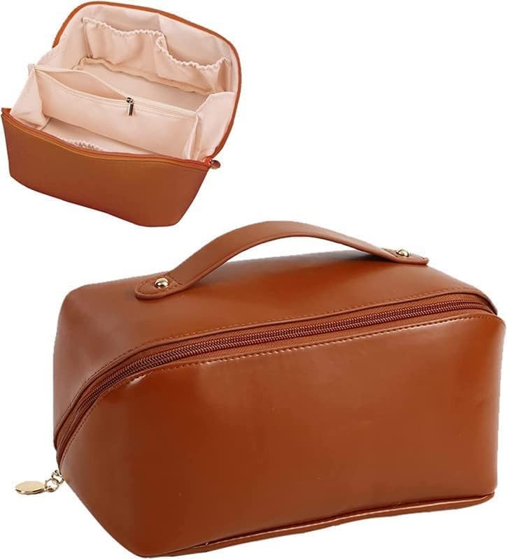 SUKEE® Leather Cosmetic Travel Organizer Bag for Women - Portable Makeup Pouch with Handle & Dividers, Wide Opening Cosmetic Case (Pack of 1) - Perfect for Air Travel, Gym & Daily Organization