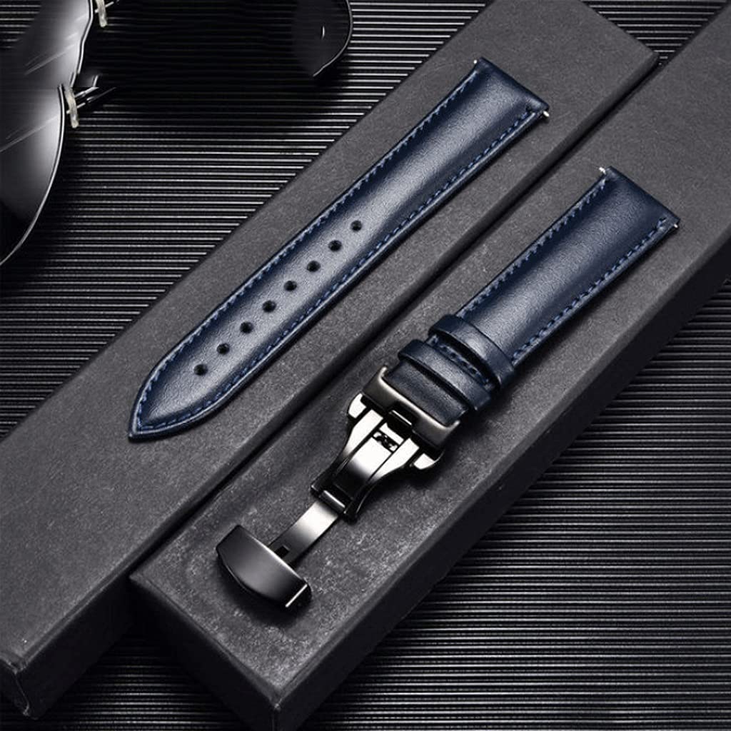 Genuine Cow Leather Watch Band with Butterfly Buckle - 18mm 20mm 22mm 24mm Replacement Strap (Blue, 24mm) | Durable & Comfortable Watch Accessory for Men & Women | Perfect for Daily Wear, Business & Casual Outfits