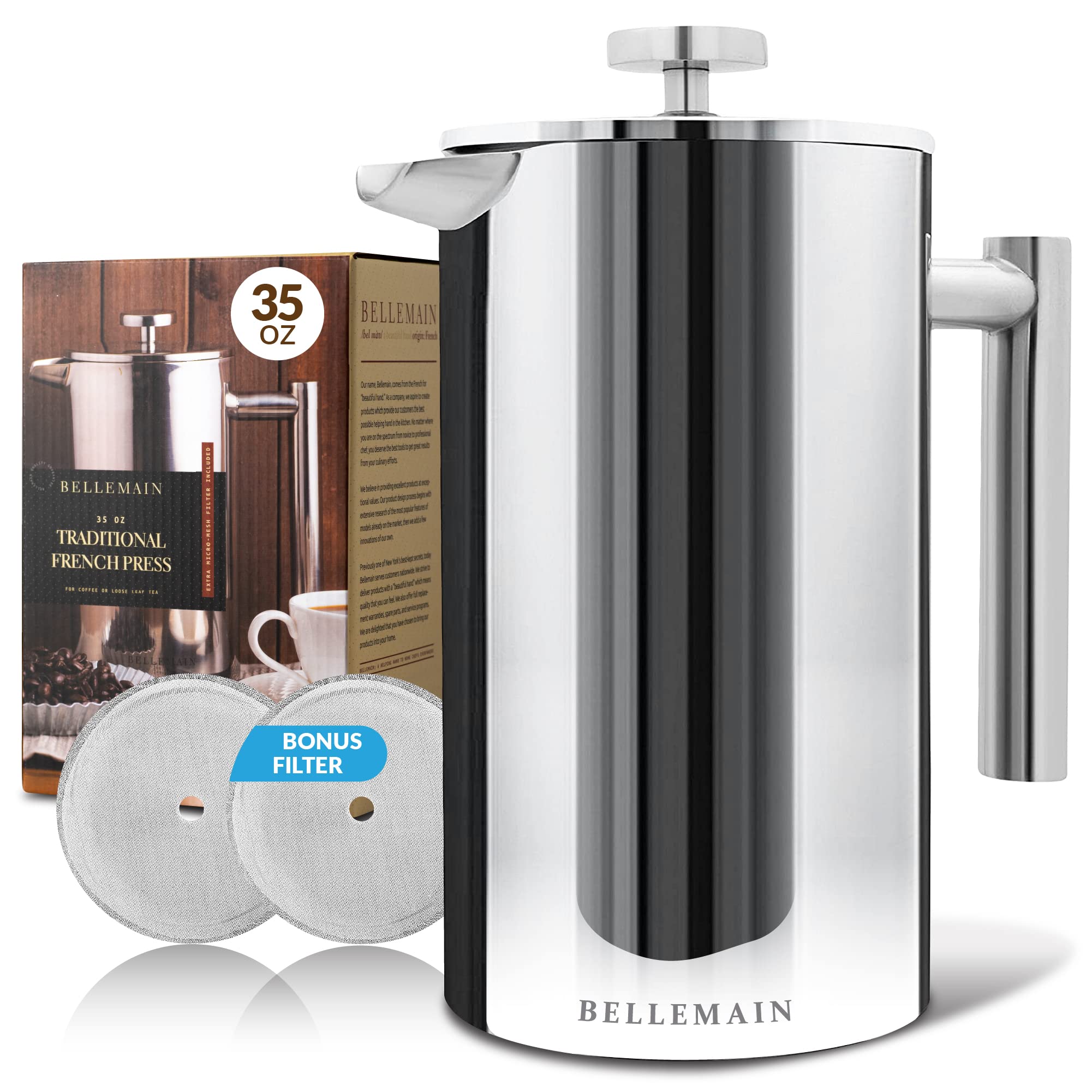 Bellemain Stainless Steel French Press Coffee Maker - 35 oz with Extra Filters for Rich, Bold Coffee - Perfect for Home, Office, and Camping Use